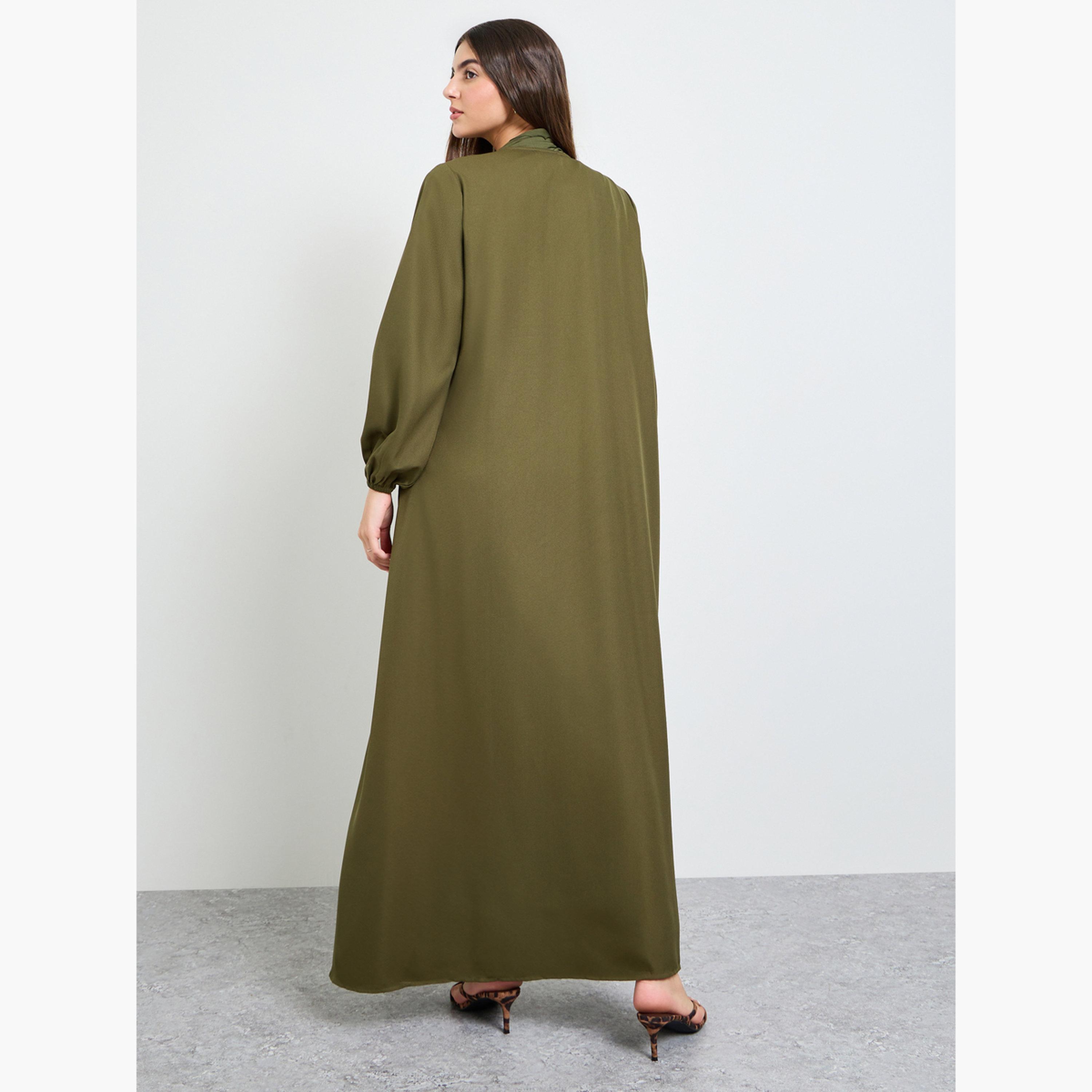 Amirah X Styli Olive Solid Cuffed Long Sleeve Abaya-women-arabicclothing-abayas-image-3