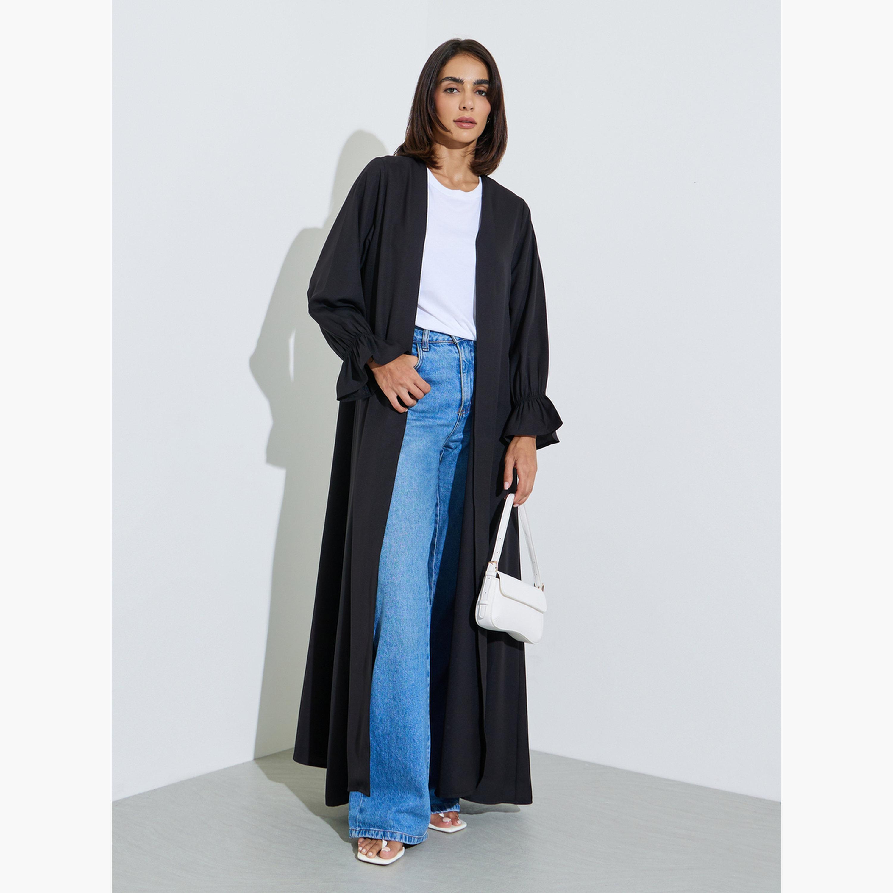 Amirah X Styli Black Solid Frill Sleeves Front Open Abaya-women-arabicclothing-abayas-image-1