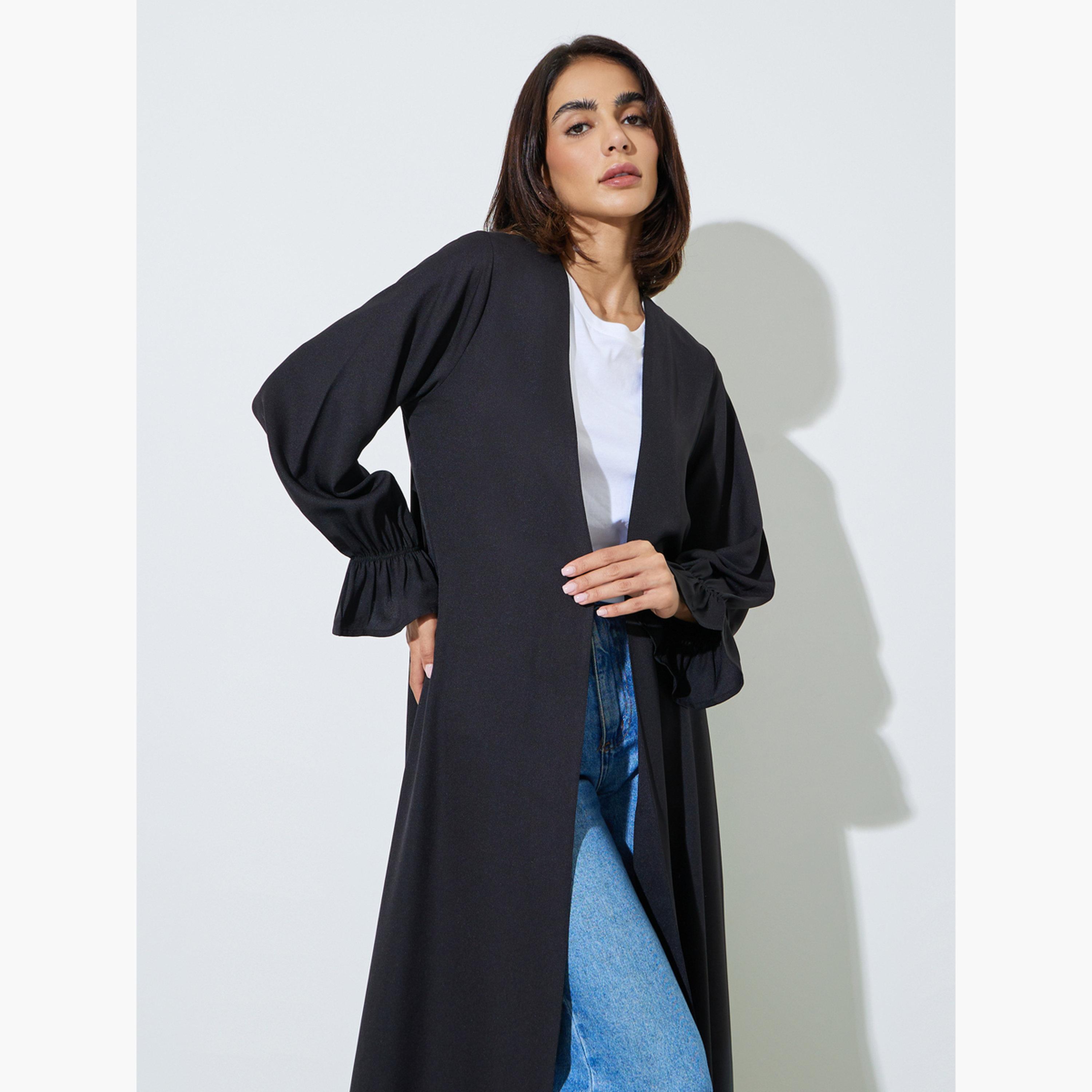 Amirah X Styli Black Solid Frill Sleeves Front Open Abaya-women-arabicclothing-abayas-image-2