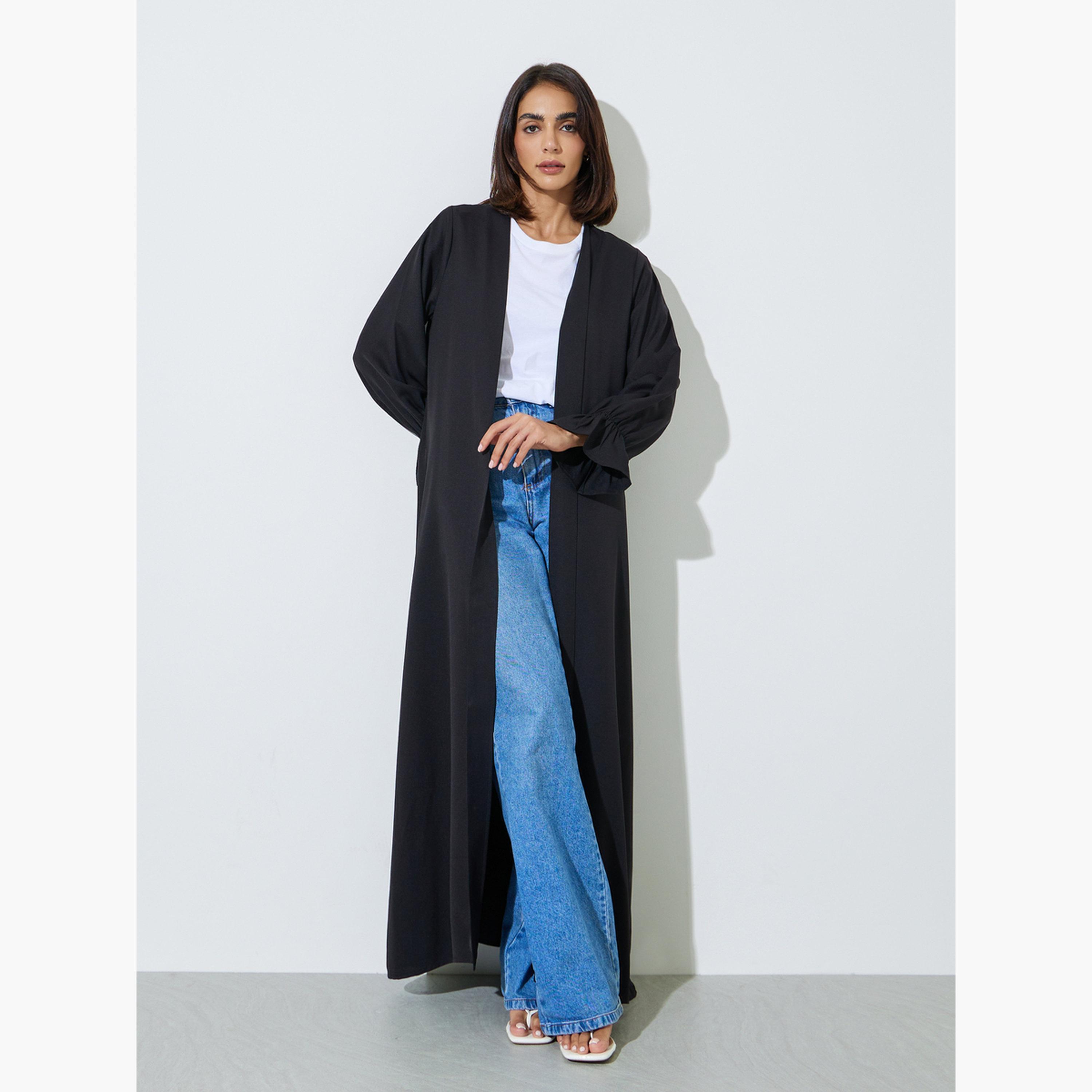 Amirah X Styli Black Solid Frill Sleeves Front Open Abaya-women-arabicclothing-abayas-image-3