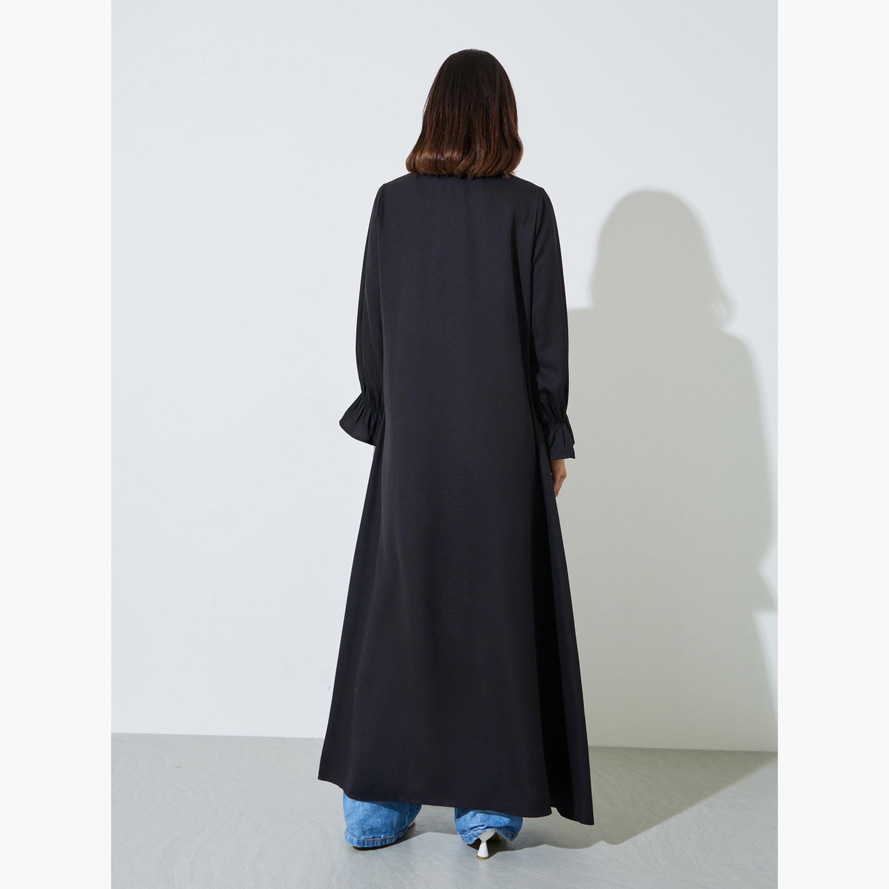 Amirah X Styli Black Solid Frill Sleeves Front Open Abaya-women-arabicclothing-abayas-image-4
