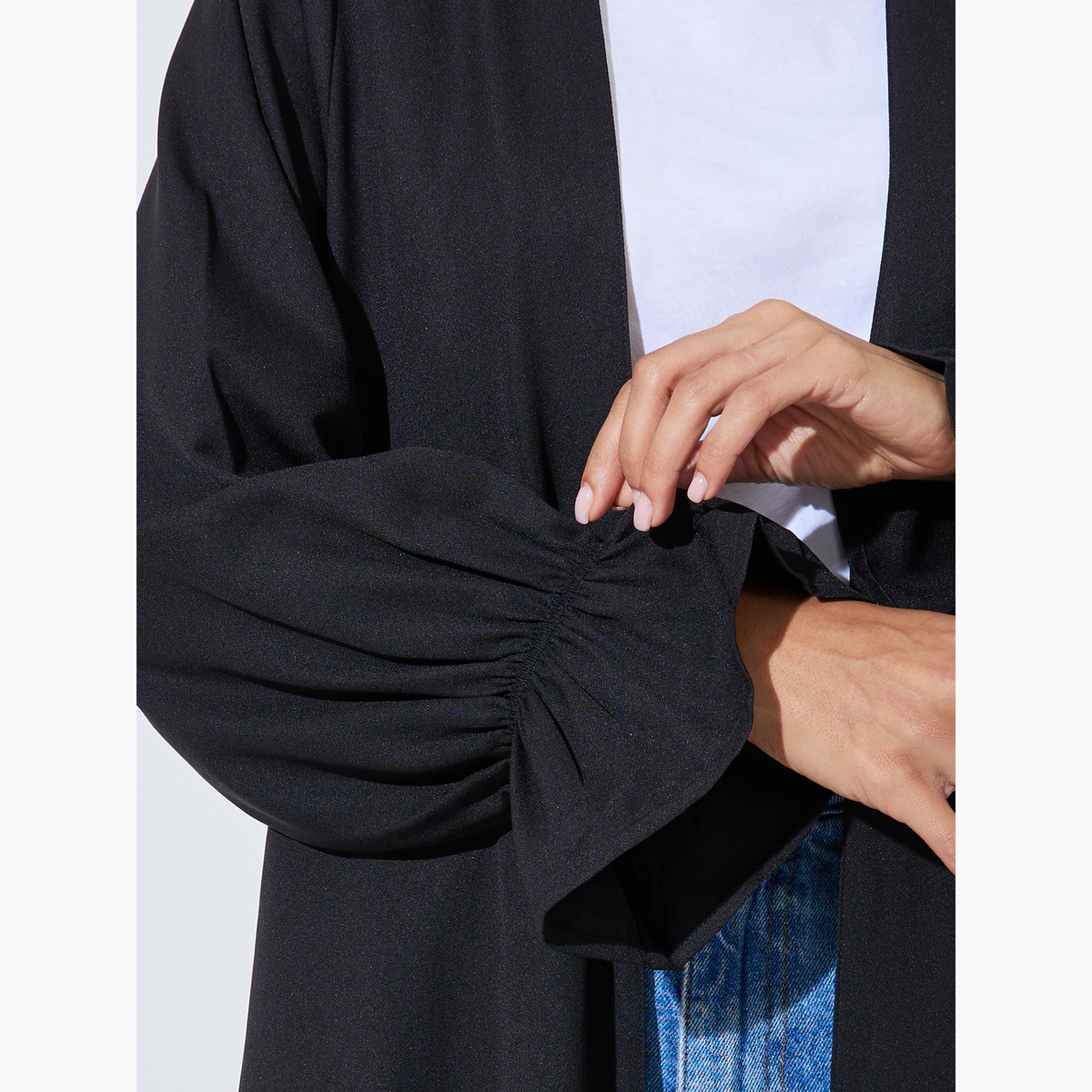 Amirah X Styli Black Solid Frill Sleeves Front Open Abaya-women-arabicclothing-abayas-image-5