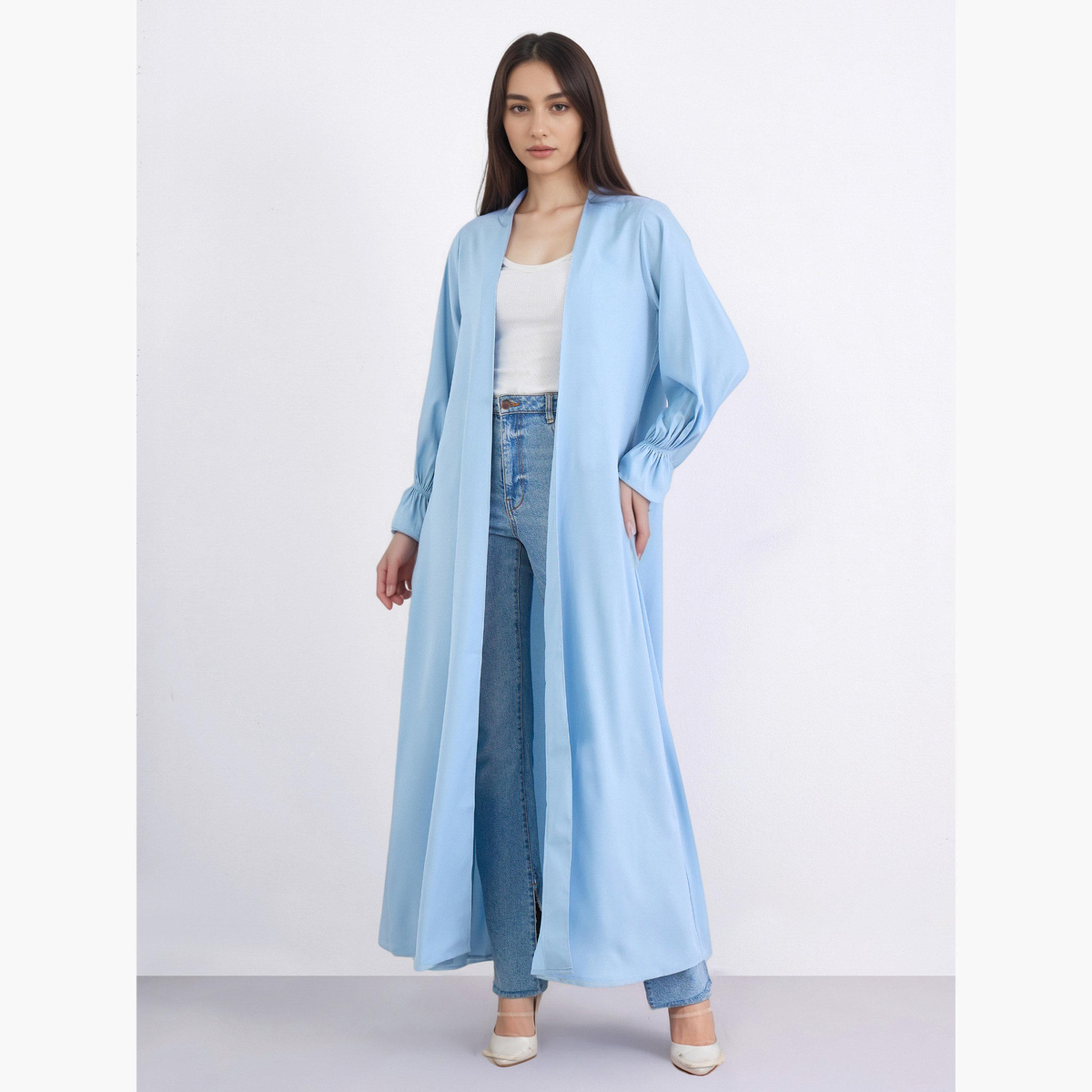 Amirah X Styli Solid Frill Sleeves Front Open Abaya-women-arabicclothing-abayas-image-1