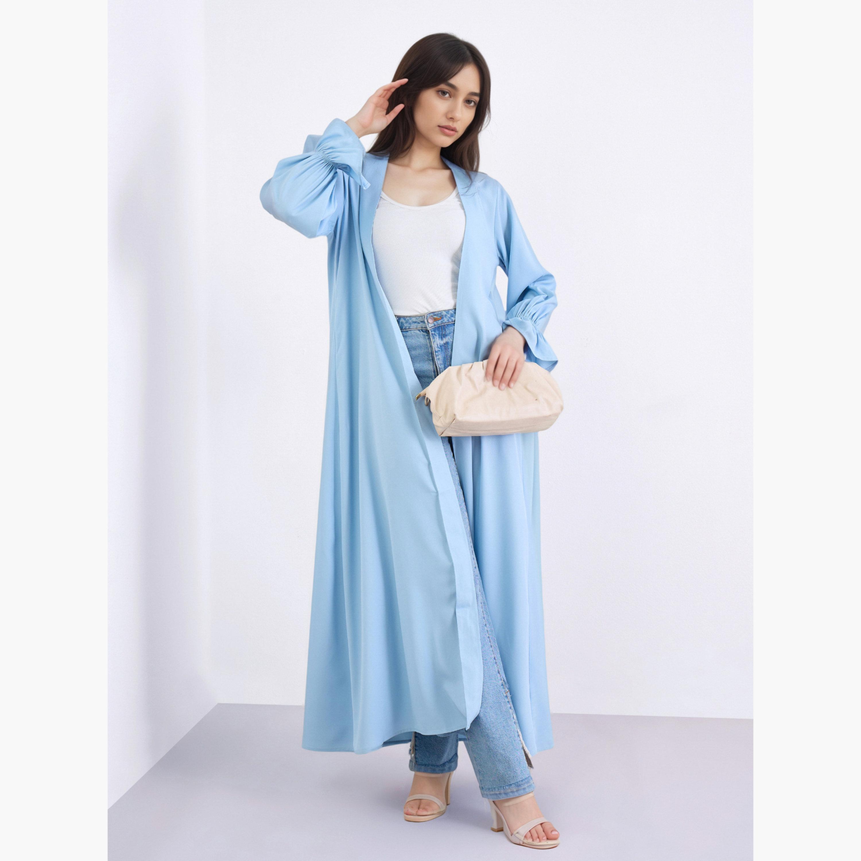 Amirah X Styli Solid Frill Sleeves Front Open Abaya-women-arabicclothing-abayas-image-2
