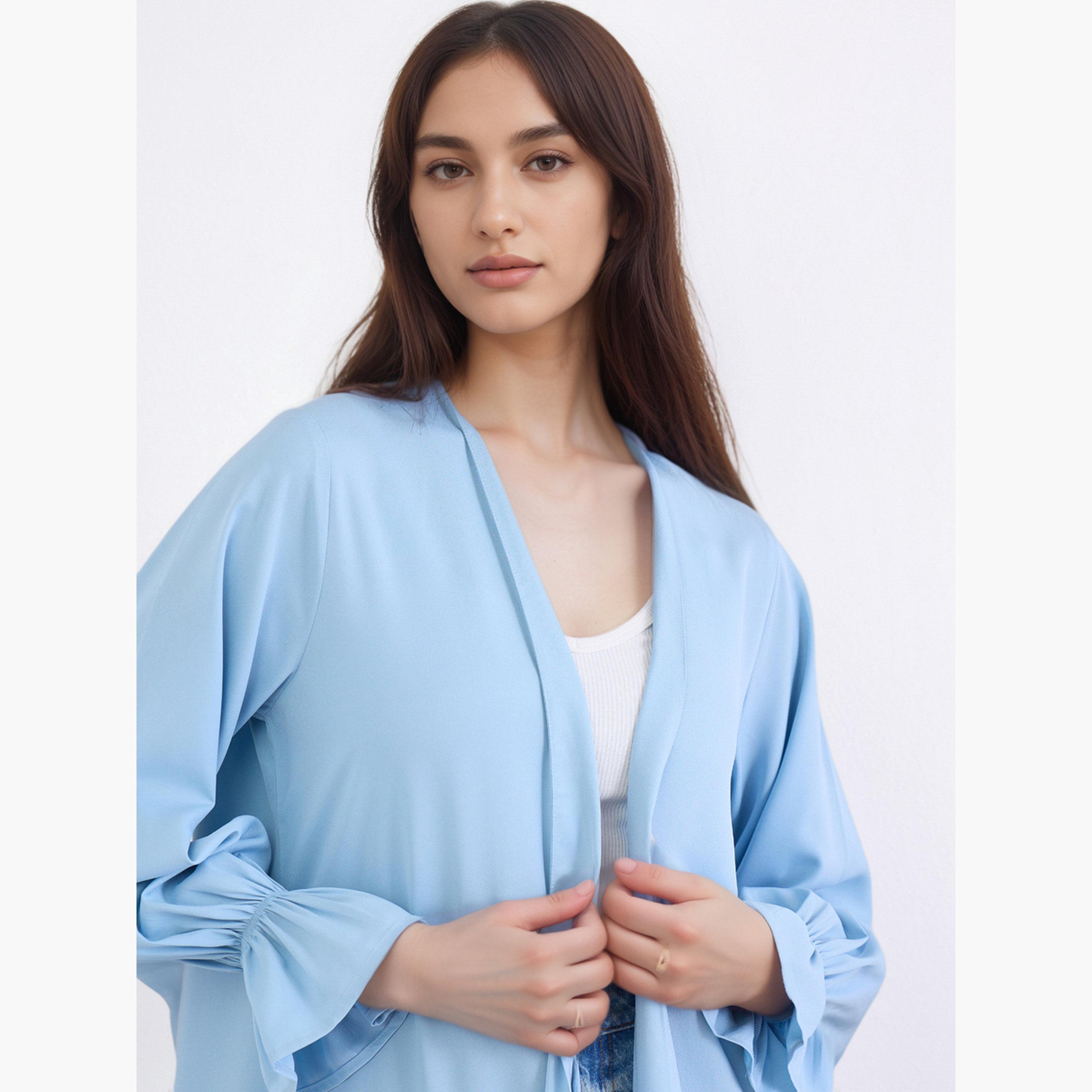 Amirah X Styli Solid Frill Sleeves Front Open Abaya-women-arabicclothing-abayas-image-3