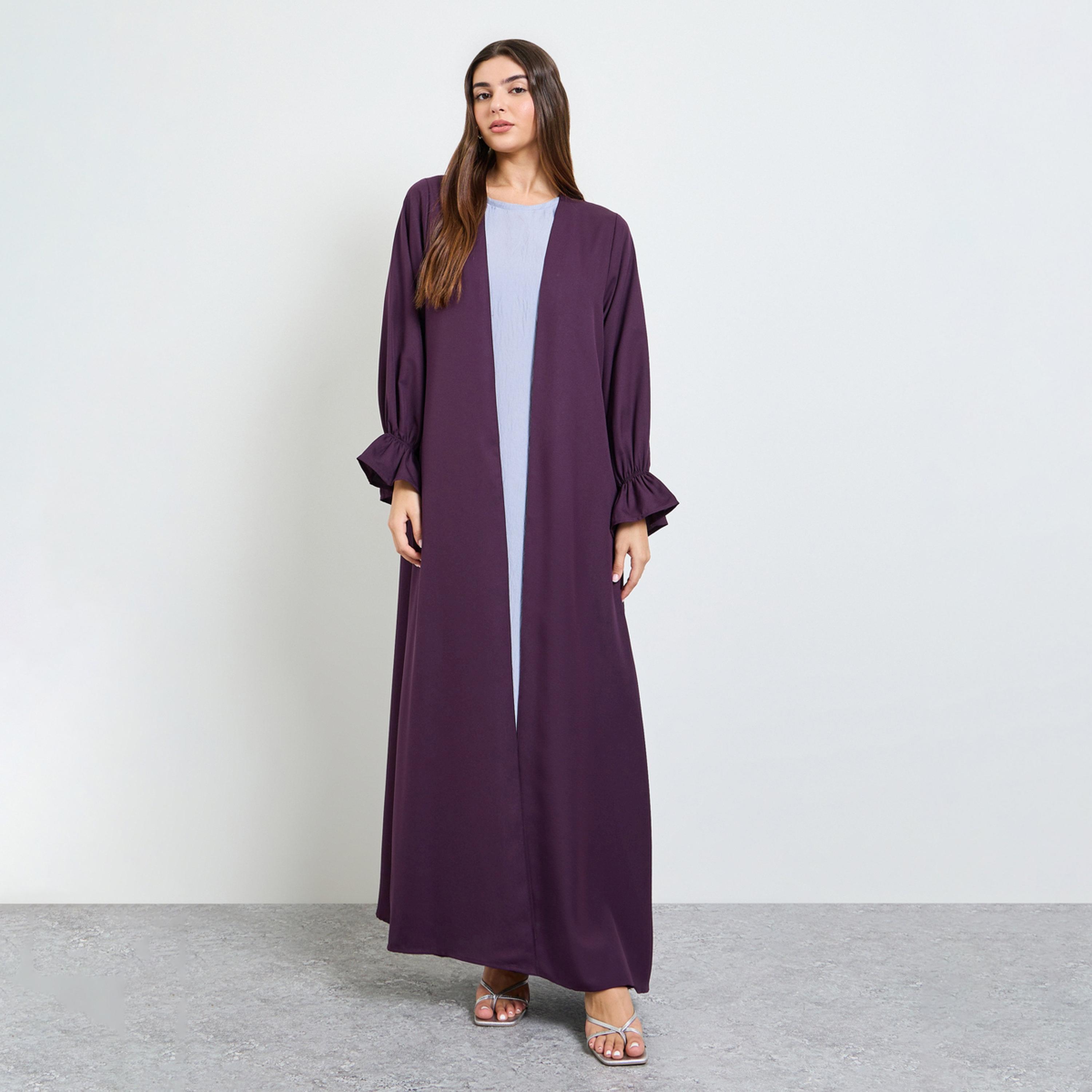 Amirah X Styli Purple Solid Frill Sleeves Front Open Abaya-women-arabicclothing-abayas-image-1