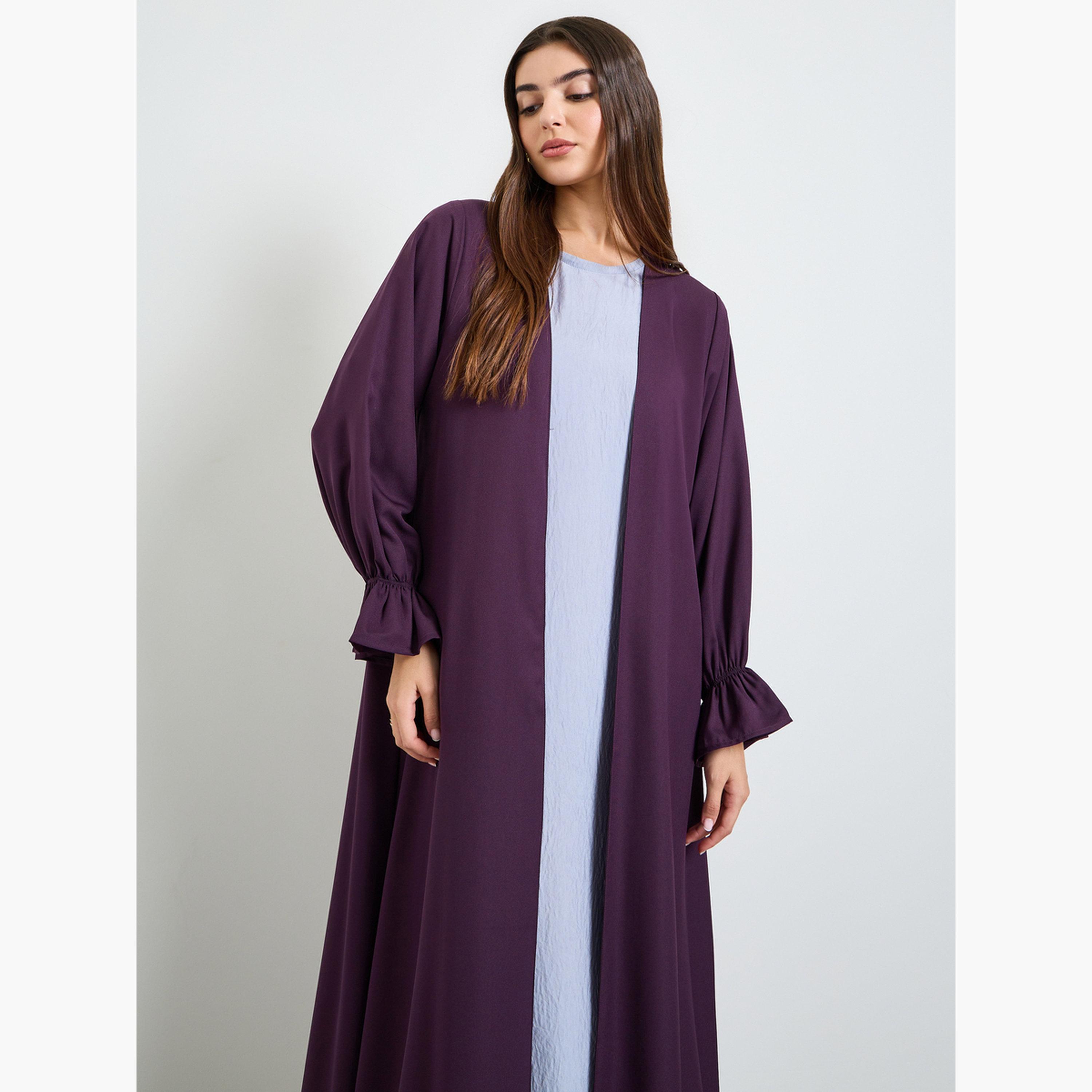 Amirah X Styli Purple Solid Frill Sleeves Front Open Abaya-women-arabicclothing-abayas-image-2