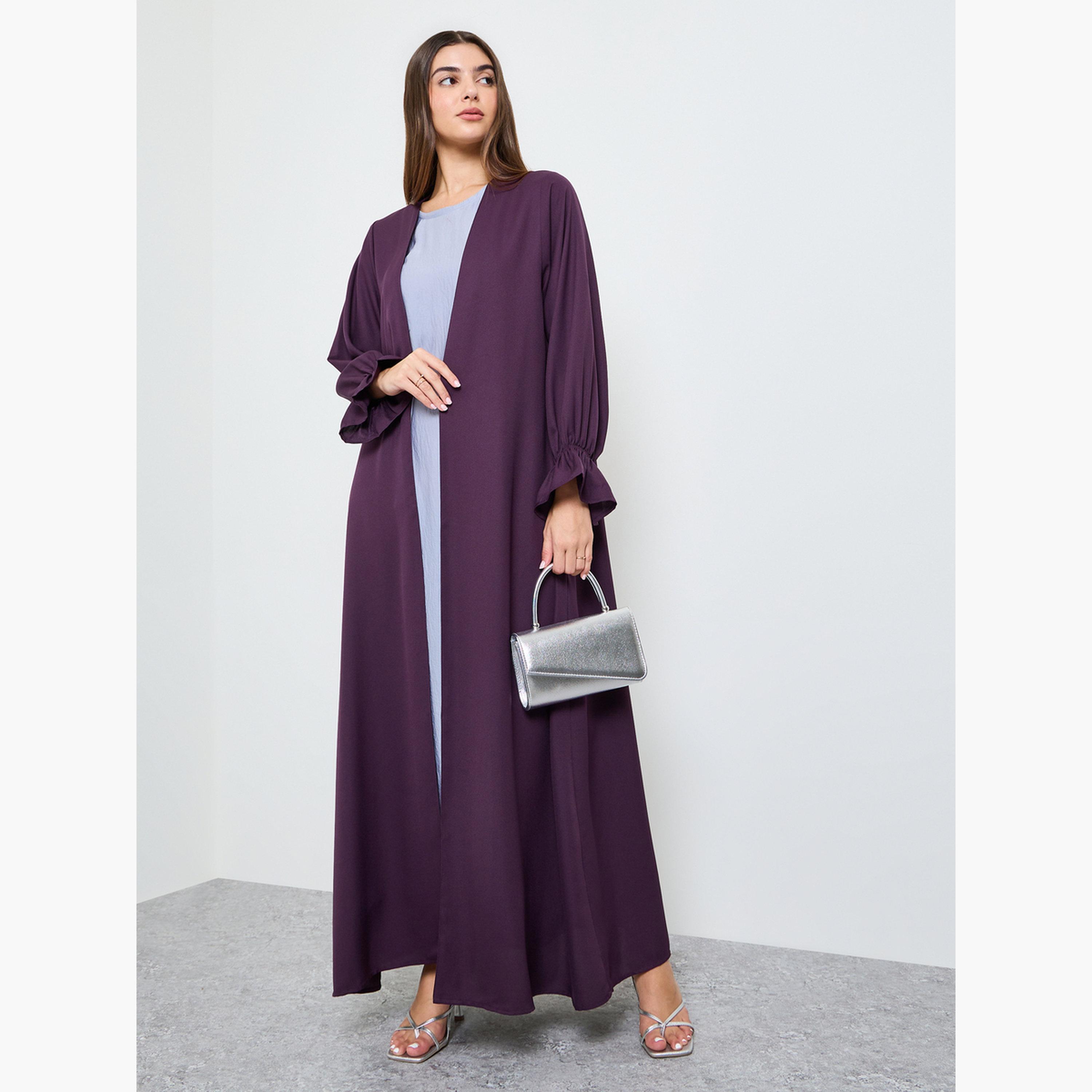 Amirah X Styli Purple Solid Frill Sleeves Front Open Abaya-women-arabicclothing-abayas-image-3