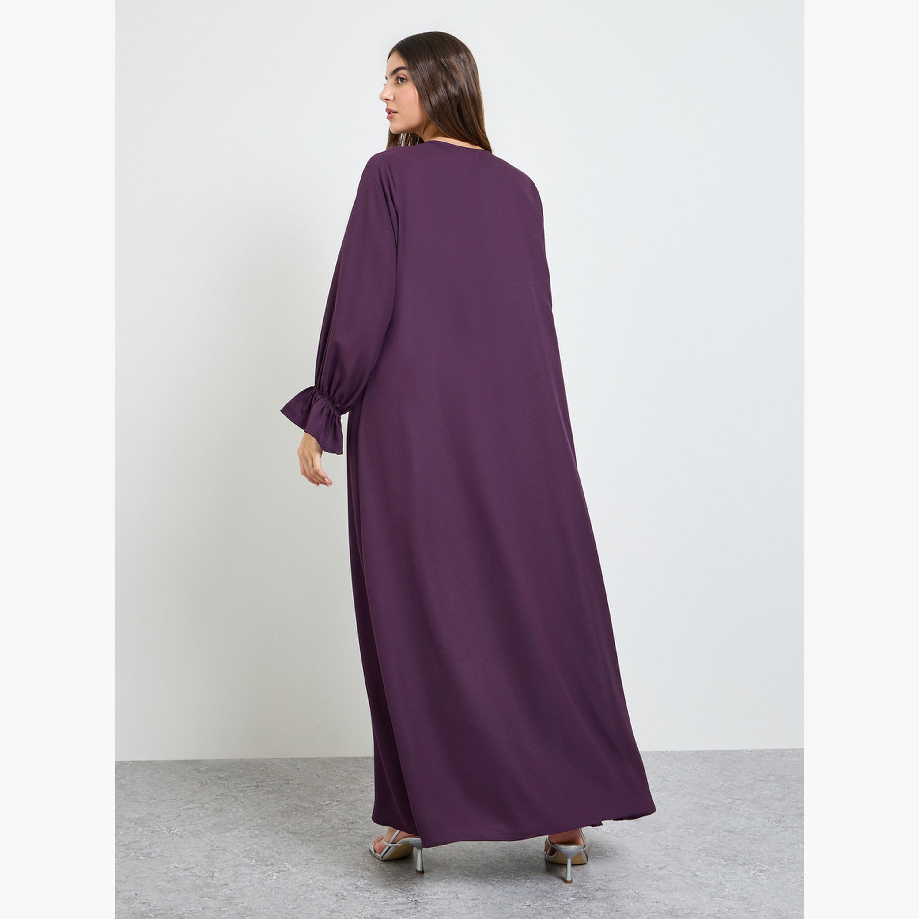 Amirah X Styli Purple Solid Frill Sleeves Front Open Abaya-women-arabicclothing-abayas-image-4