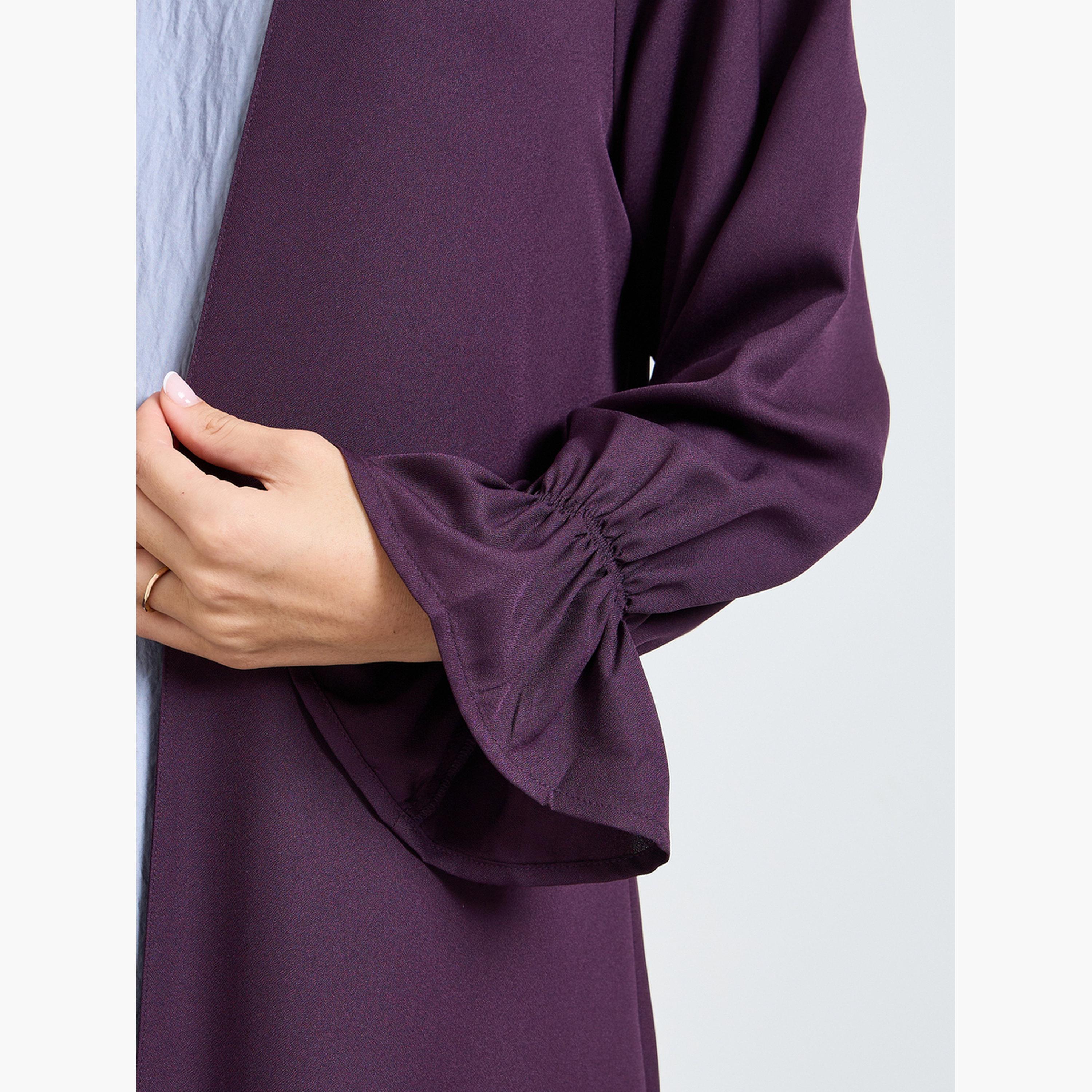 Amirah X Styli Purple Solid Frill Sleeves Front Open Abaya-women-arabicclothing-abayas-image-5