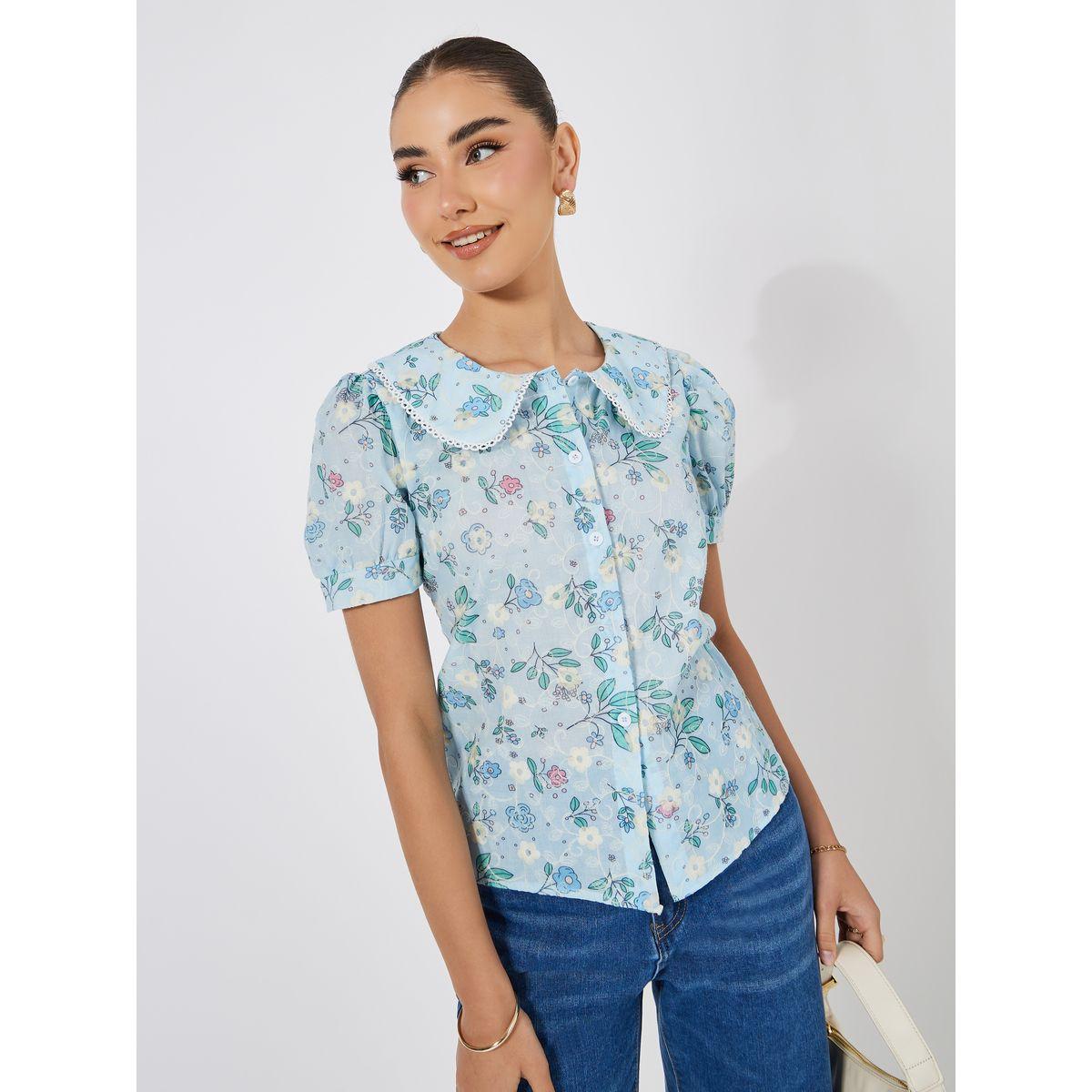Styli Embroidery Detail Floral Print Blouse with Peter Pan Collar-women-clothing-shirtsandblouses-blouses-image-1
