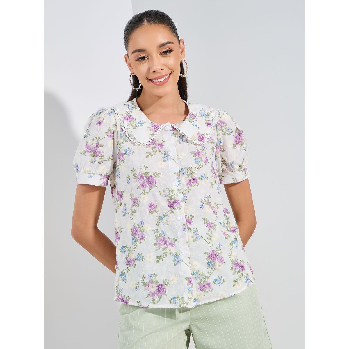 Styli Embroidery Detail Floral Print Blouse with Peter Pan Collar-women-clothing-shirtsandblouses-blouses-image-3