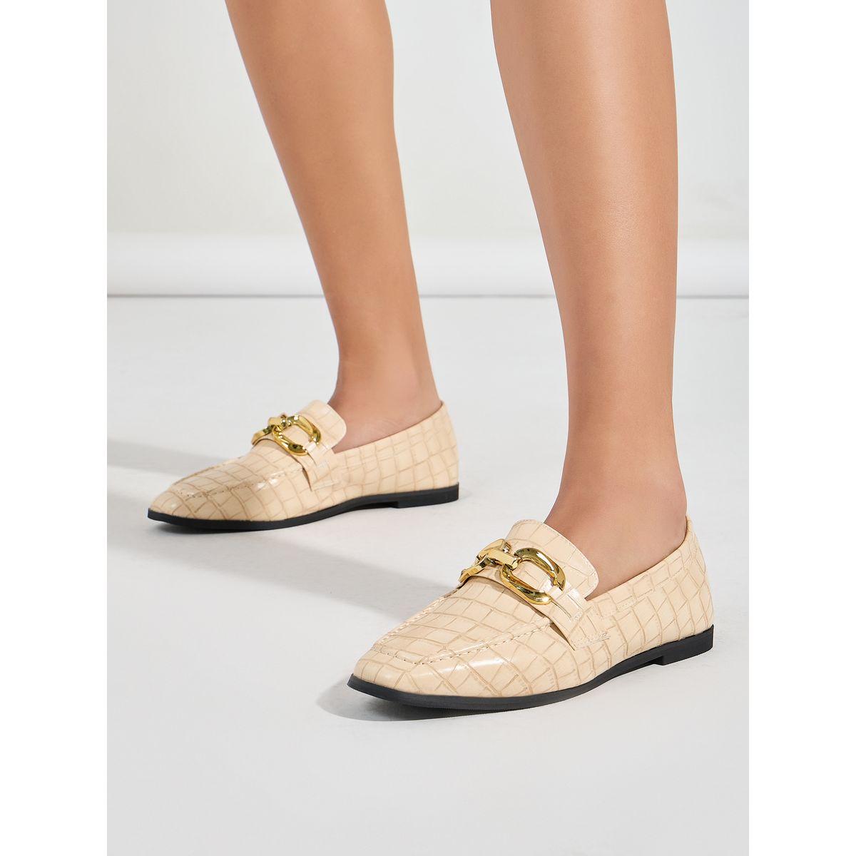 Styli Buckle Trim Textured Loafers-women-shoes-loafersandmoccasins-image-1