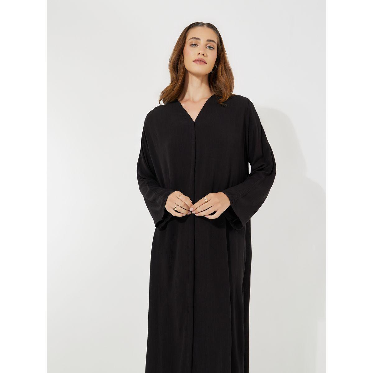 Styli Crinkle Textured V Neck Abaya-women-arabicclothing-abayas-image-5