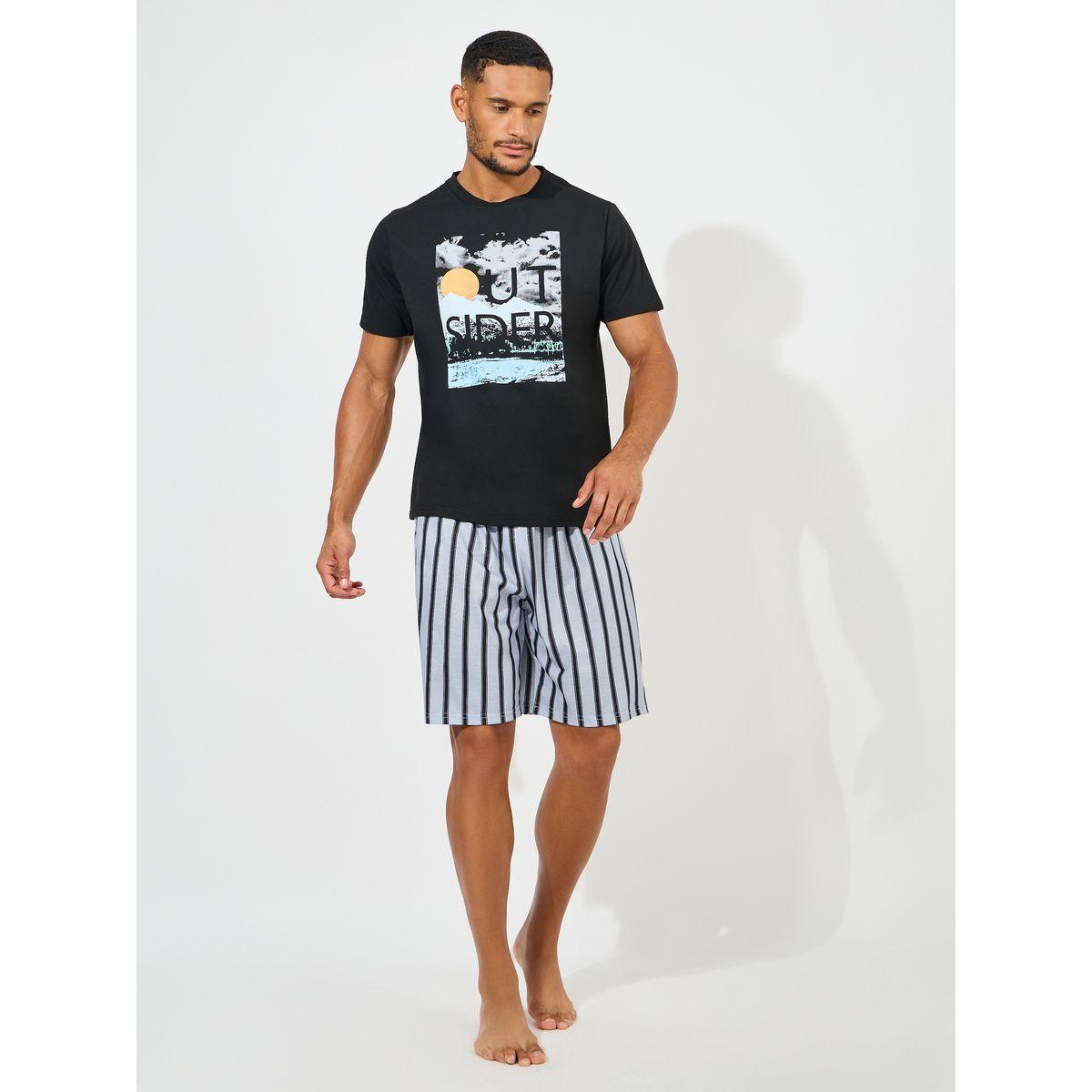 Styli Unwind Graphic Print T-Shirt & Striped Shorts Set-men-clothing-nightwear-sets-image-1