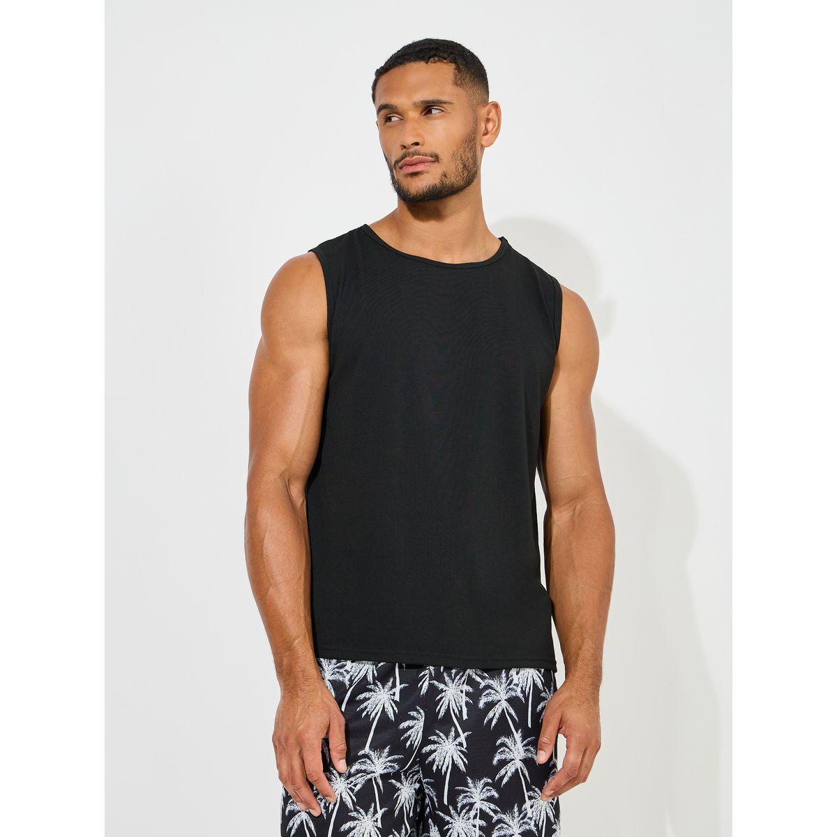 Styli Unwind Solid Tank & Tropical Print Shorts Set-men-clothing-nightwear-sets-image-2