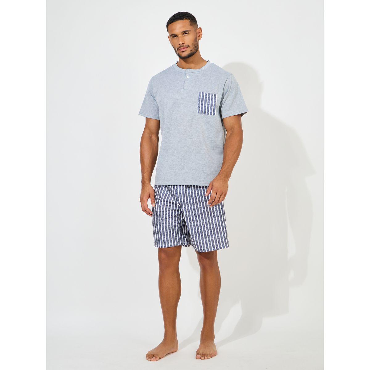 مجموعة من شورت مخطط مع تيشيرت ميلانج-men-clothing-nightwear-sets-image-1
