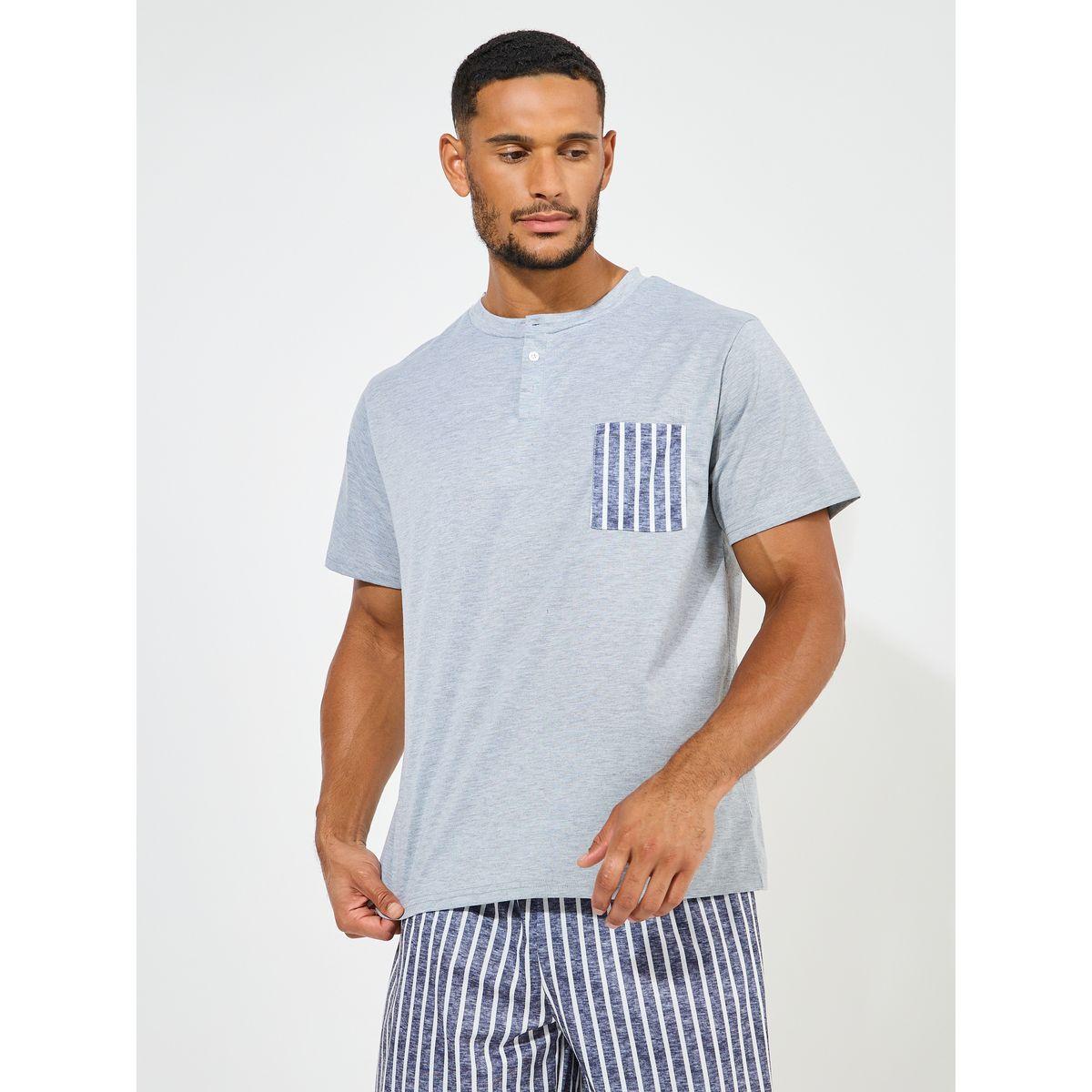 Styli Unwind Melange Crew Neck T-Shirt & Striped Shorts Set-men-clothing-nightwear-sets-image-2