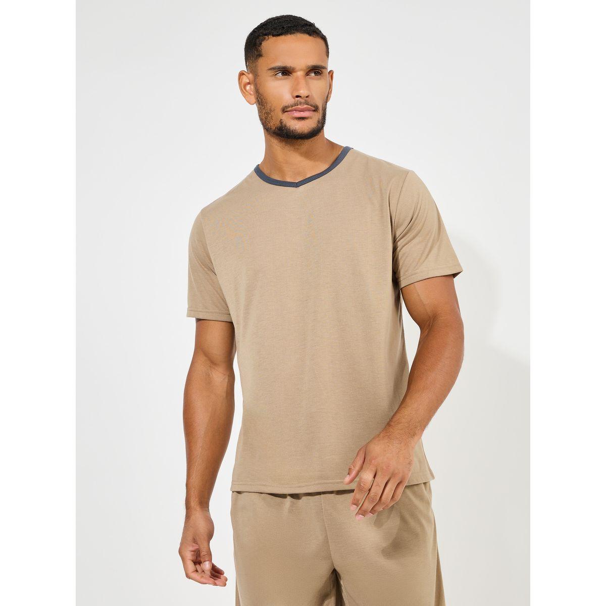 Styli Unwind Contrast V Neck T-Shirt & Short Set-men-clothing-nightwear-sets-image-2