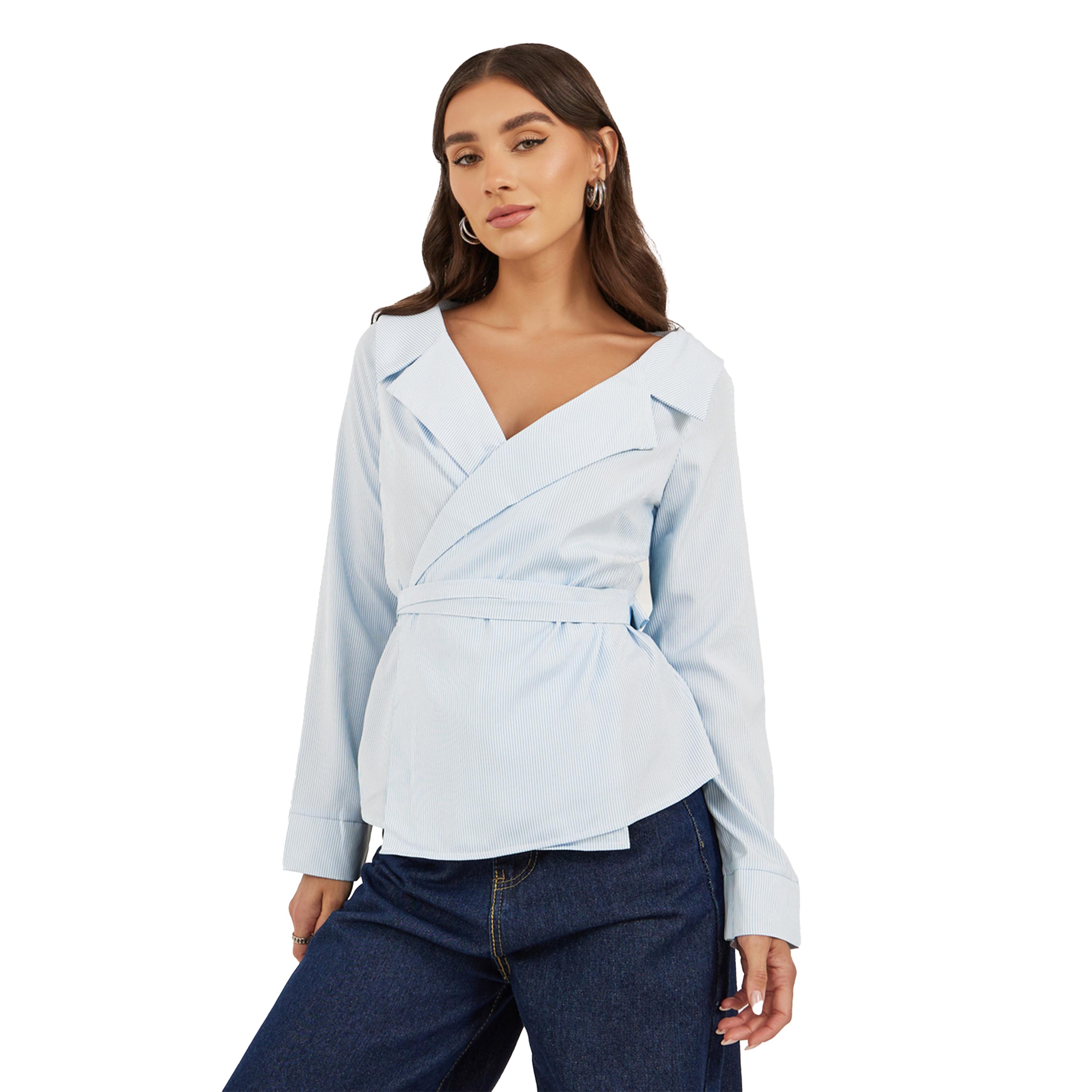 Styli Striped Notch Lapel Wrap Top with Tie Detail-women-clothing-shirtsandblouses-blouses-image-1