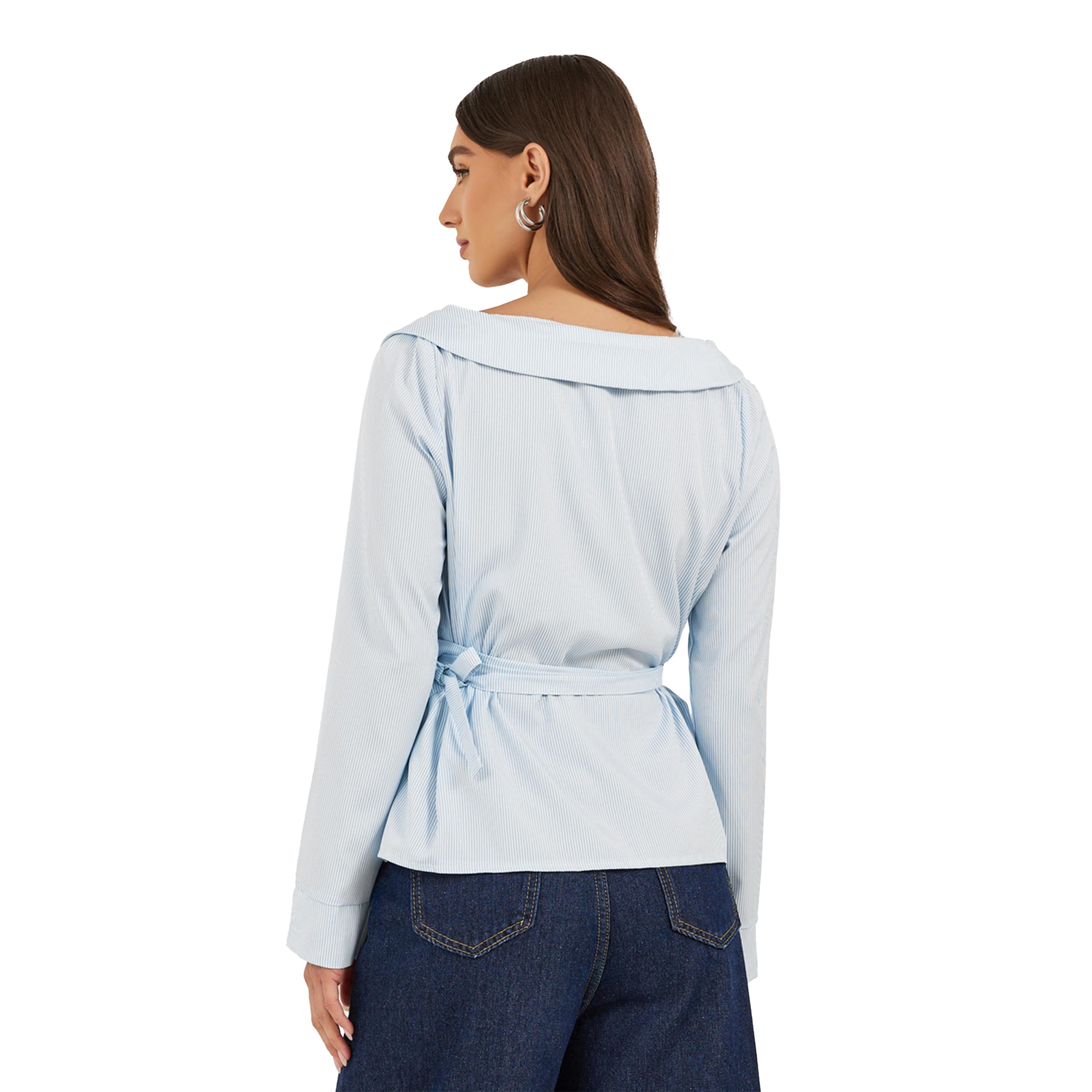 Styli Striped Notch Lapel Wrap Top with Tie Detail-women-clothing-shirtsandblouses-blouses-image-4