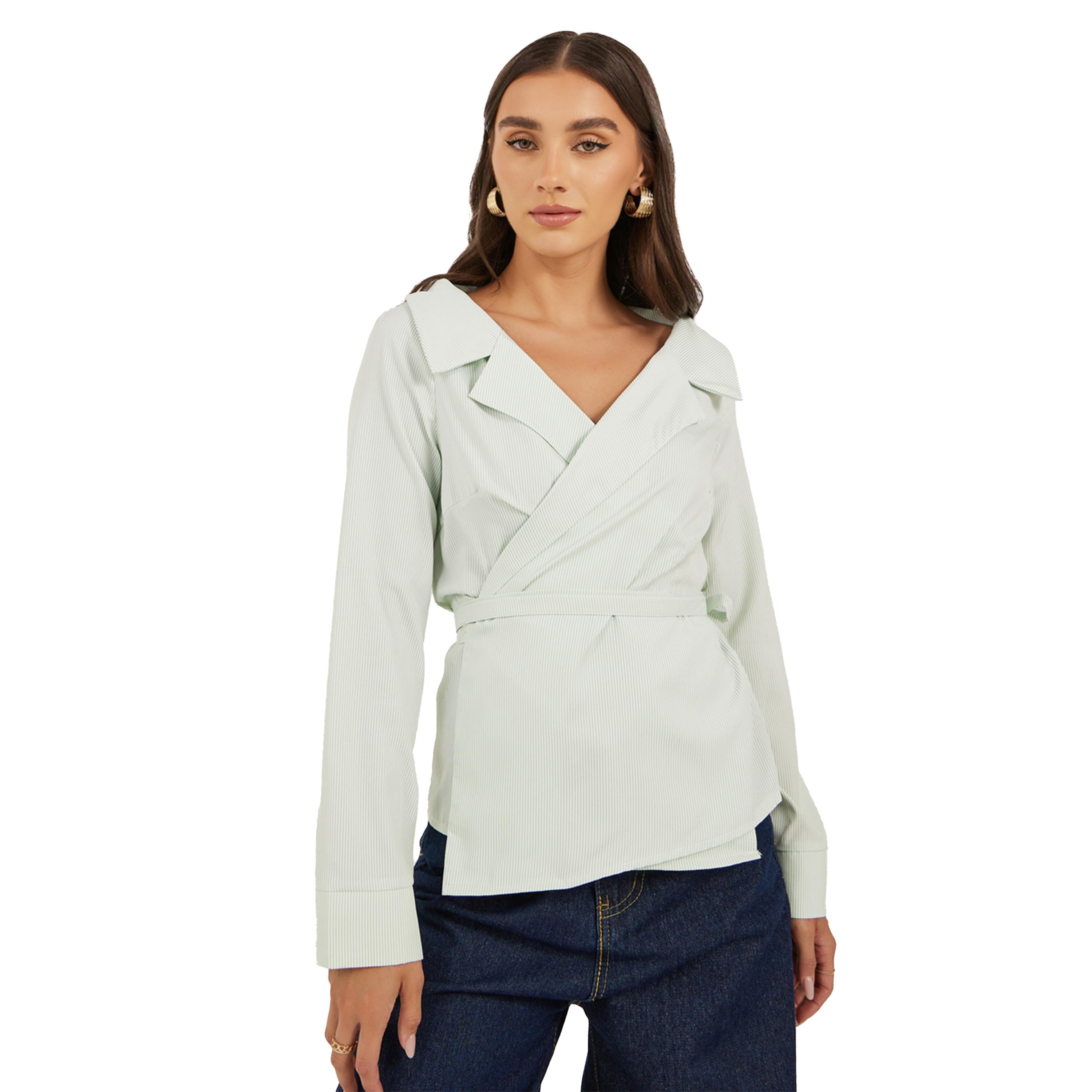 Styli Striped Notch Lapel Wrap Top with Tie Detail-women-clothing-shirtsandblouses-blouses-image-1