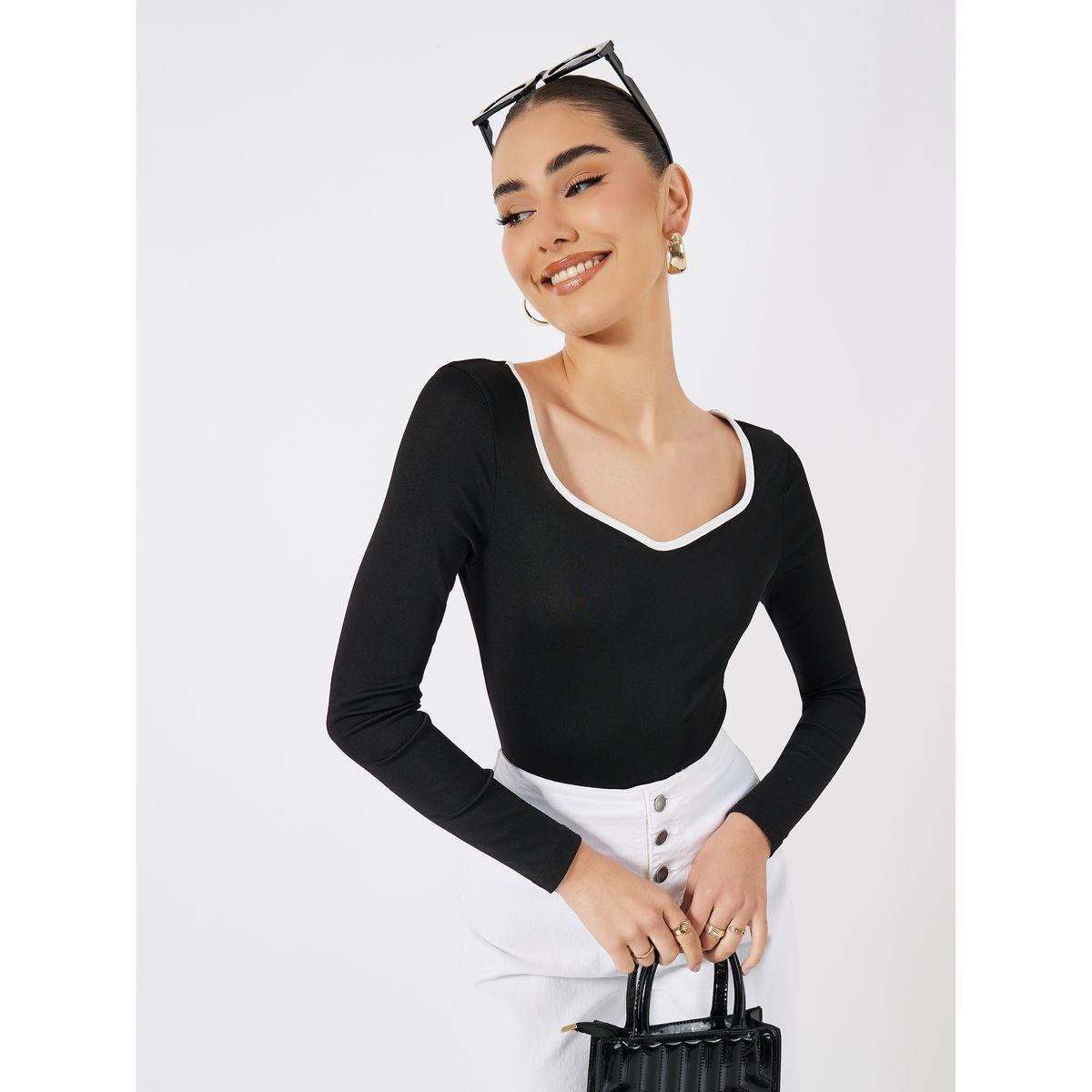 Styli Sweetheart Neck Rib Knit Contrast Piping Bodysuit-women-clothing-tshirts-image-3