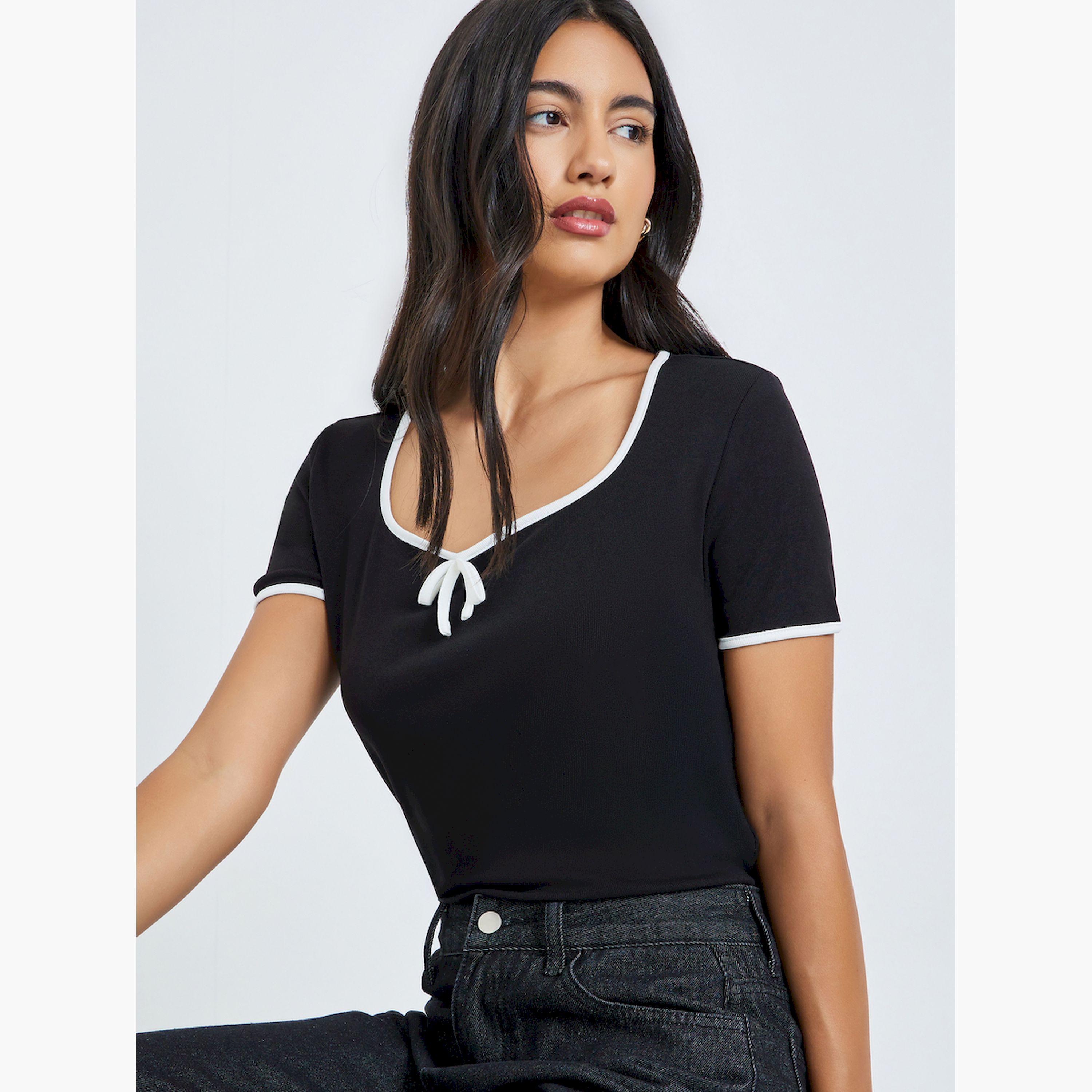 Styli Black Ribbed Knit Top with White Trim-women-clothing-tshirts-image-3