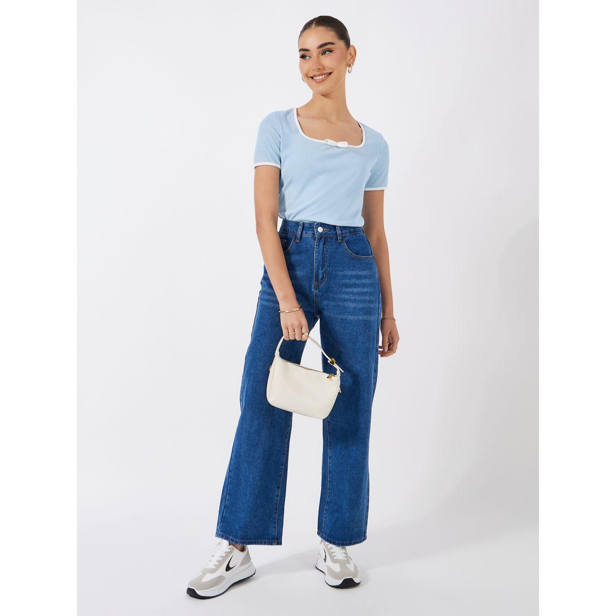 Styli Solid Ribbed Top with Piping Detail & Square Neck-women-clothing-shirtsandblouses-blouses-image-2