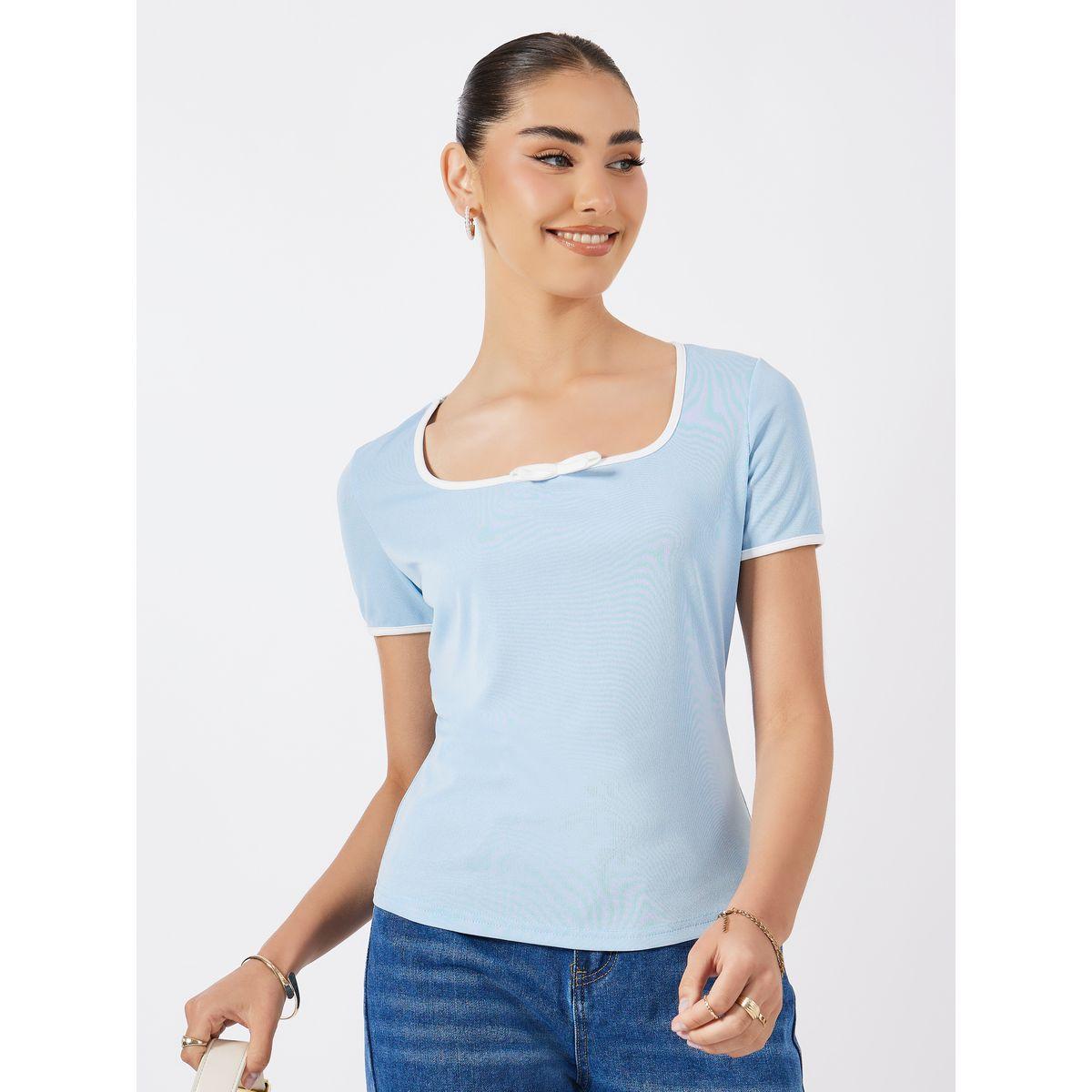 بلوزة مضلعة سادة بياقة واسعة-women-clothing-shirtsandblouses-blouses-image-3
