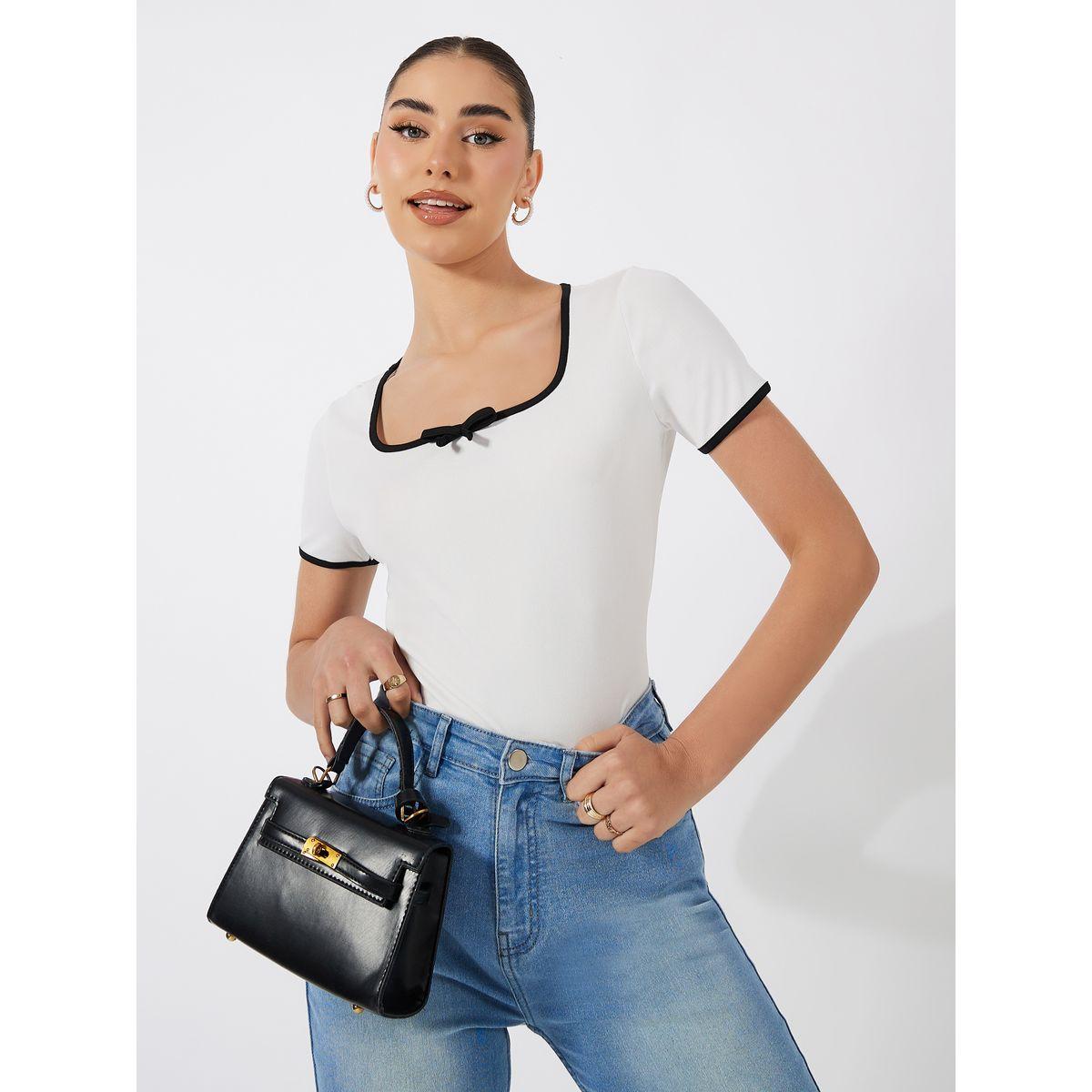 Styli Solid Ribbed Top with Piping Detail & Square Neck-women-clothing-shirtsandblouses-blouses-image-1