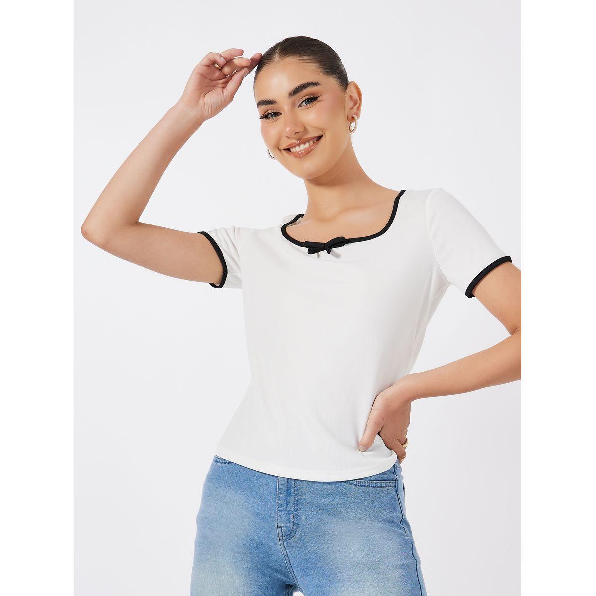 Styli Solid Ribbed Top with Piping Detail & Square Neck-women-clothing-shirtsandblouses-blouses-image-3