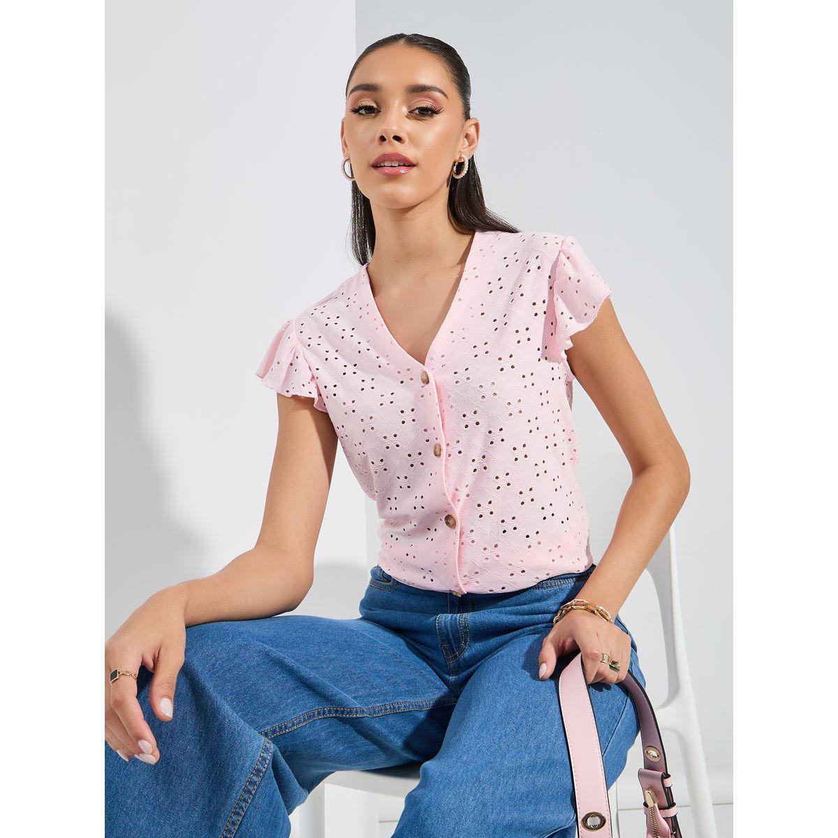 Styli V Neck Buttoned Schiffli Top with Ruffled Sleeves-women-clothing-shirtsandblouses-blouses-image-1