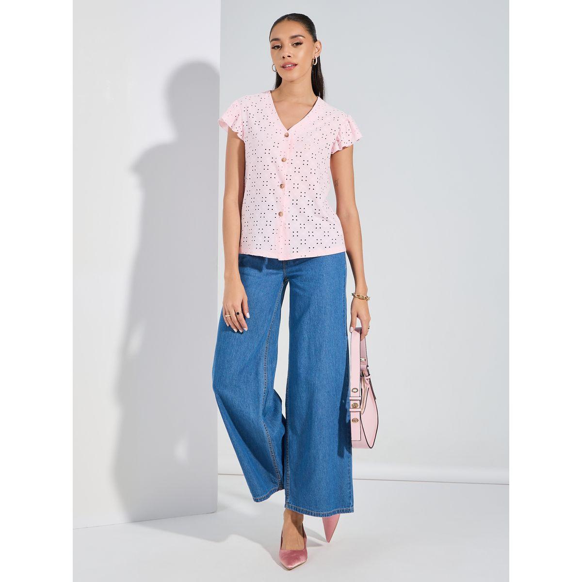 Styli V Neck Buttoned Schiffli Top with Ruffled Sleeves-women-clothing-shirtsandblouses-blouses-image-2