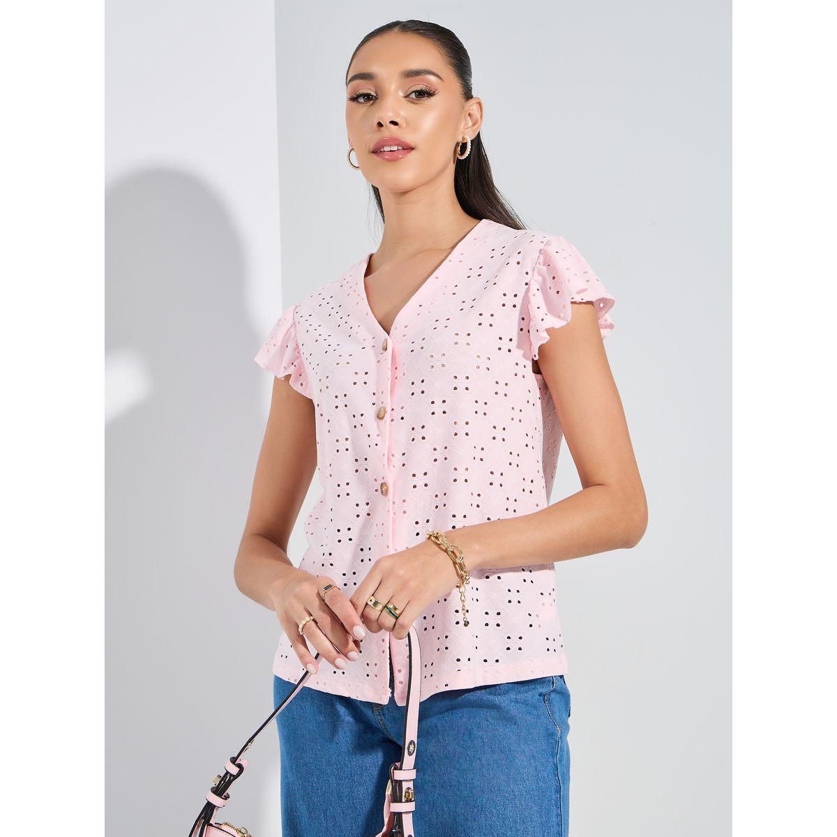 Styli V Neck Buttoned Schiffli Top with Ruffled Sleeves-women-clothing-shirtsandblouses-blouses-image-3