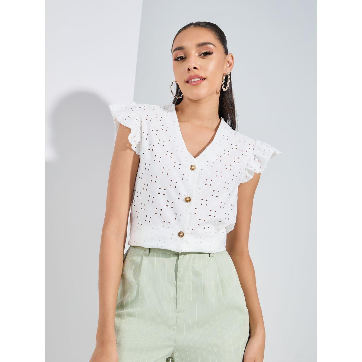 بلوزة مزينة بفتحات صغيرة مع اكمام كشكش-women-clothing-shirtsandblouses-blouses-image-1