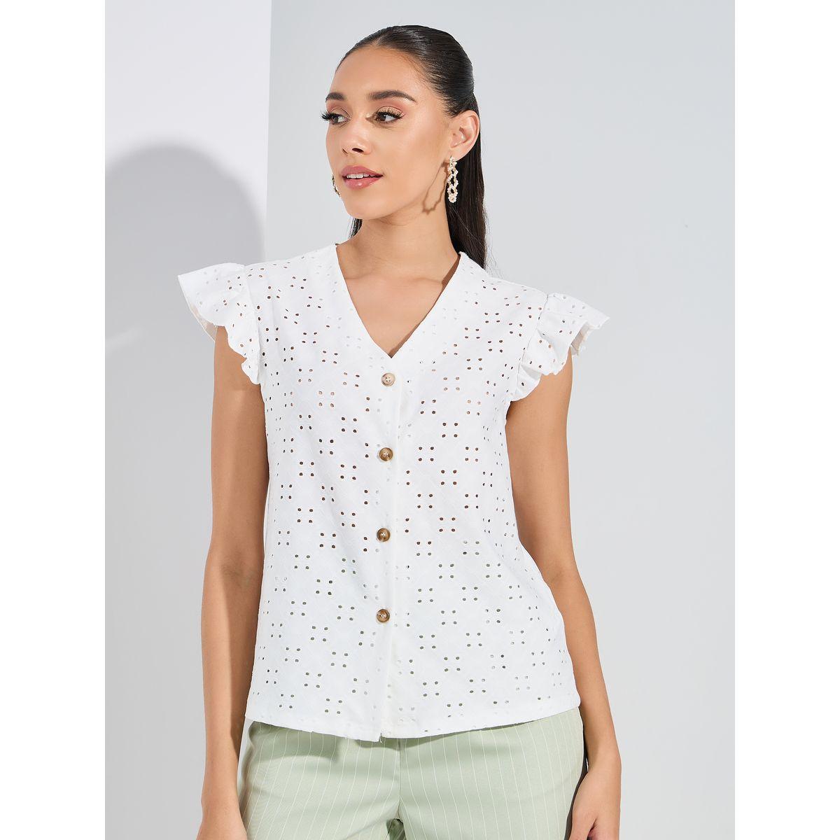 Styli V Neck Buttoned Schiffli Top with Ruffled Sleeves-women-clothing-shirtsandblouses-blouses-image-3