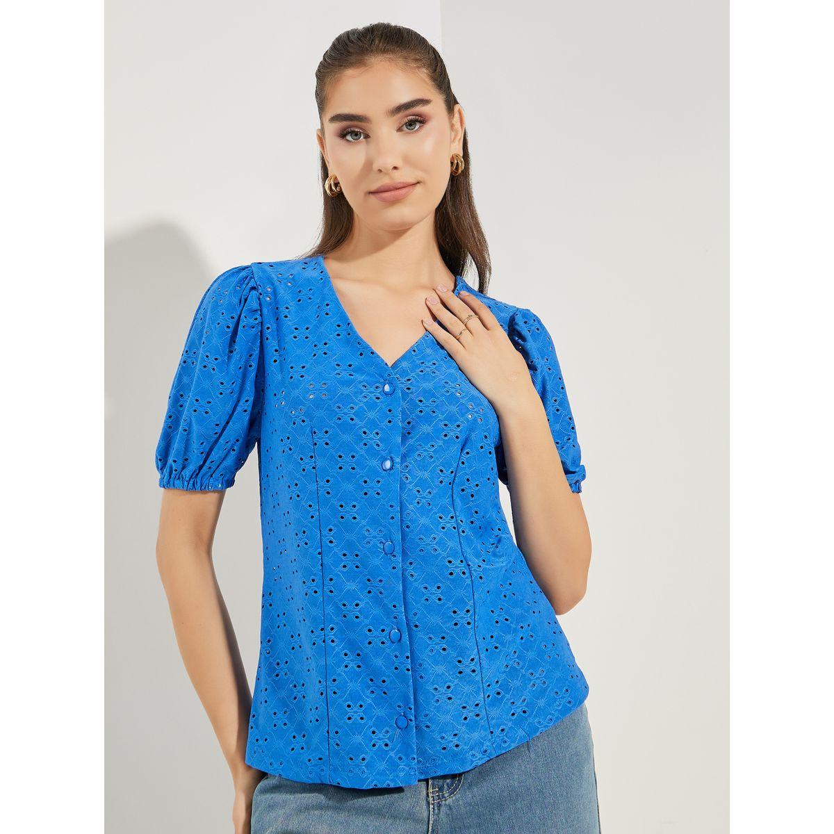 Styli Schiffli V Neck Top with Puff Sleeves-women-clothing-shirtsandblouses-blouses-image-1