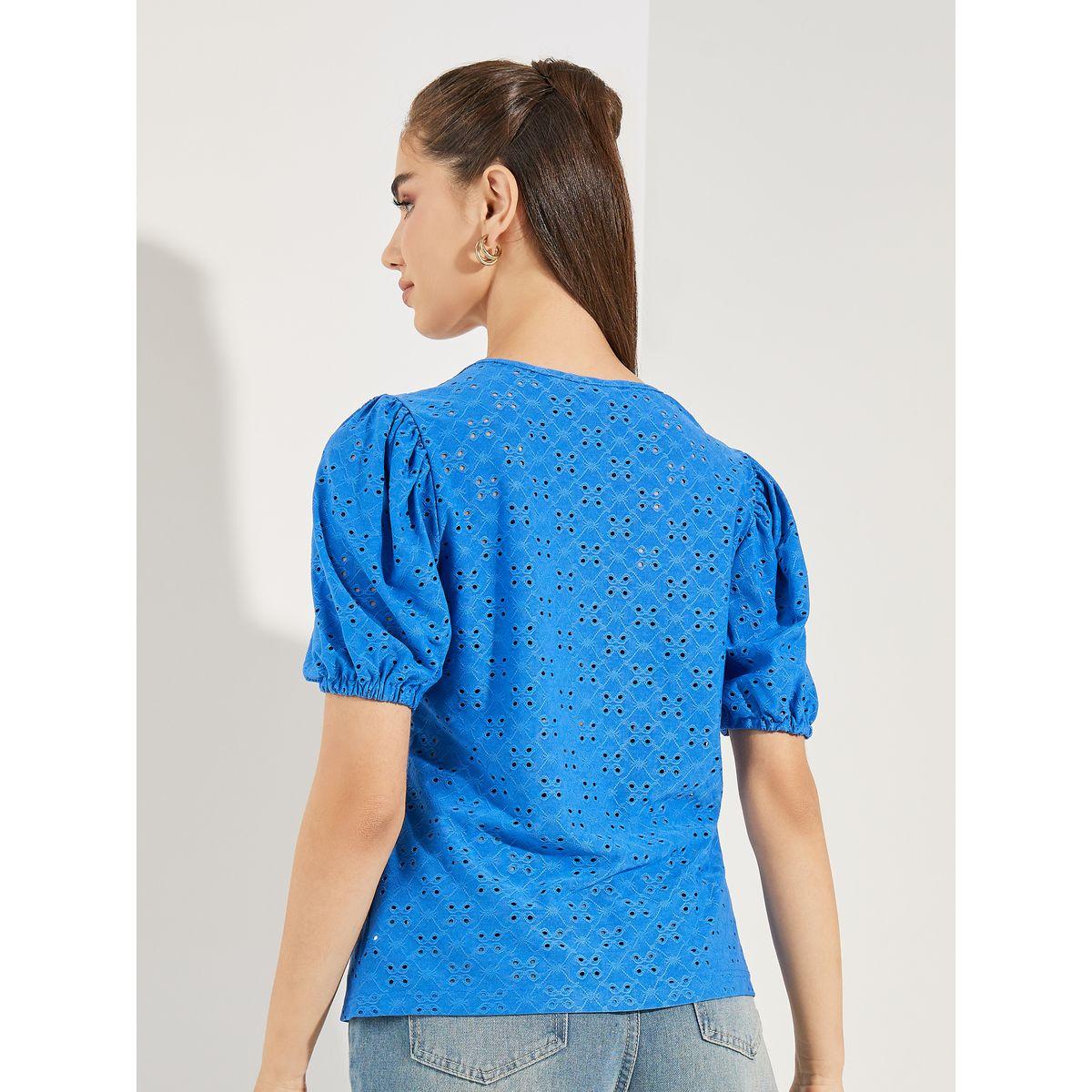 Styli Schiffli V Neck Top with Puff Sleeves-women-clothing-shirtsandblouses-blouses-image-4