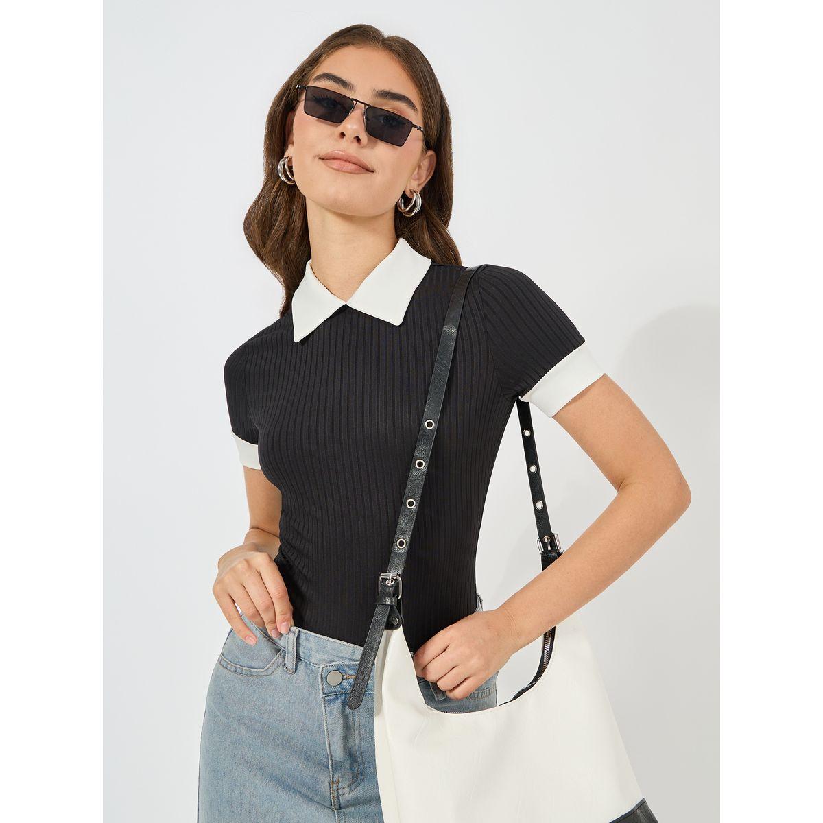 Styli Contrast Collar Ribbed Bodysuit-women-clothing-tshirts-image-3