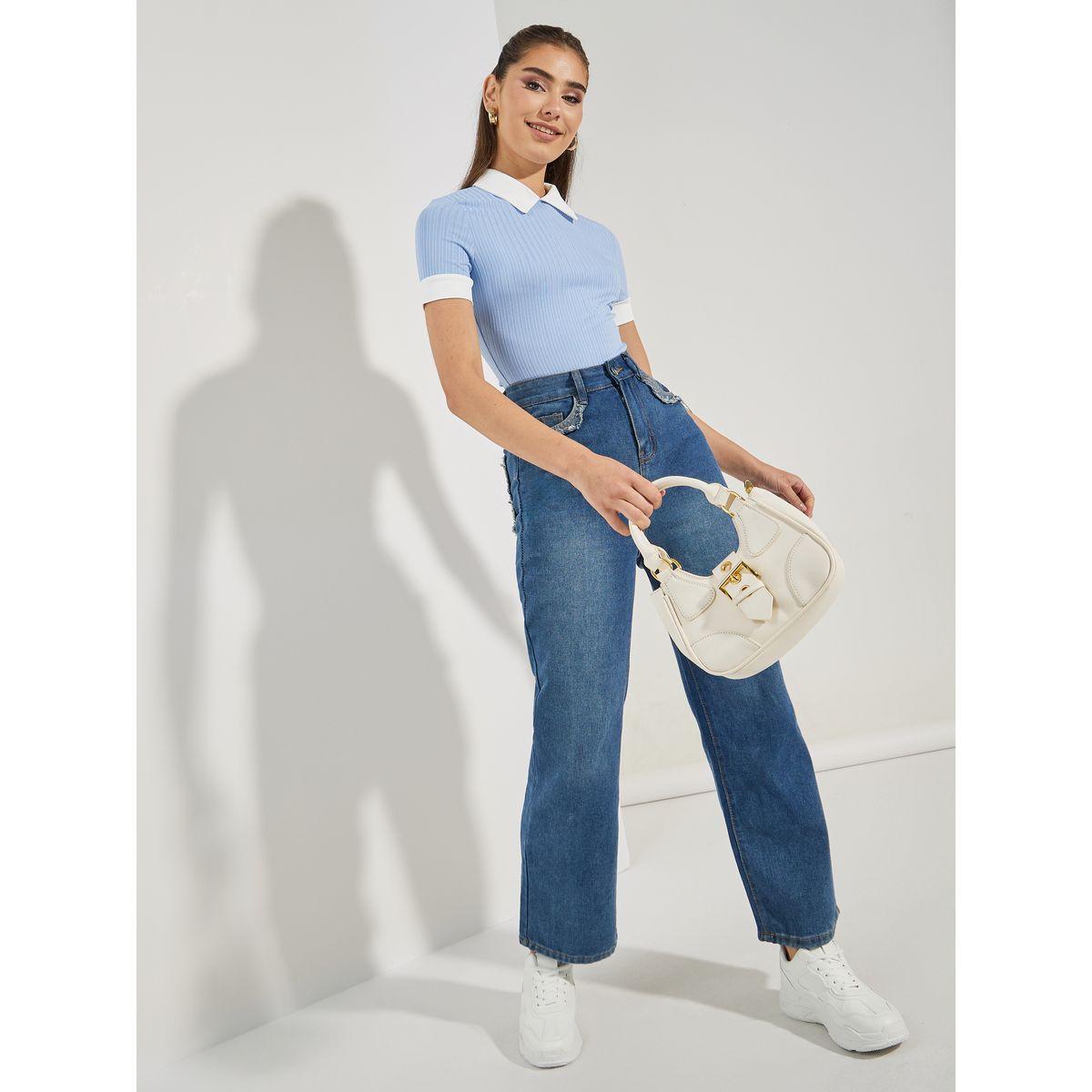 Styli Contrast Collar Ribbed Bodysuit-women-clothing-tshirts-image-2