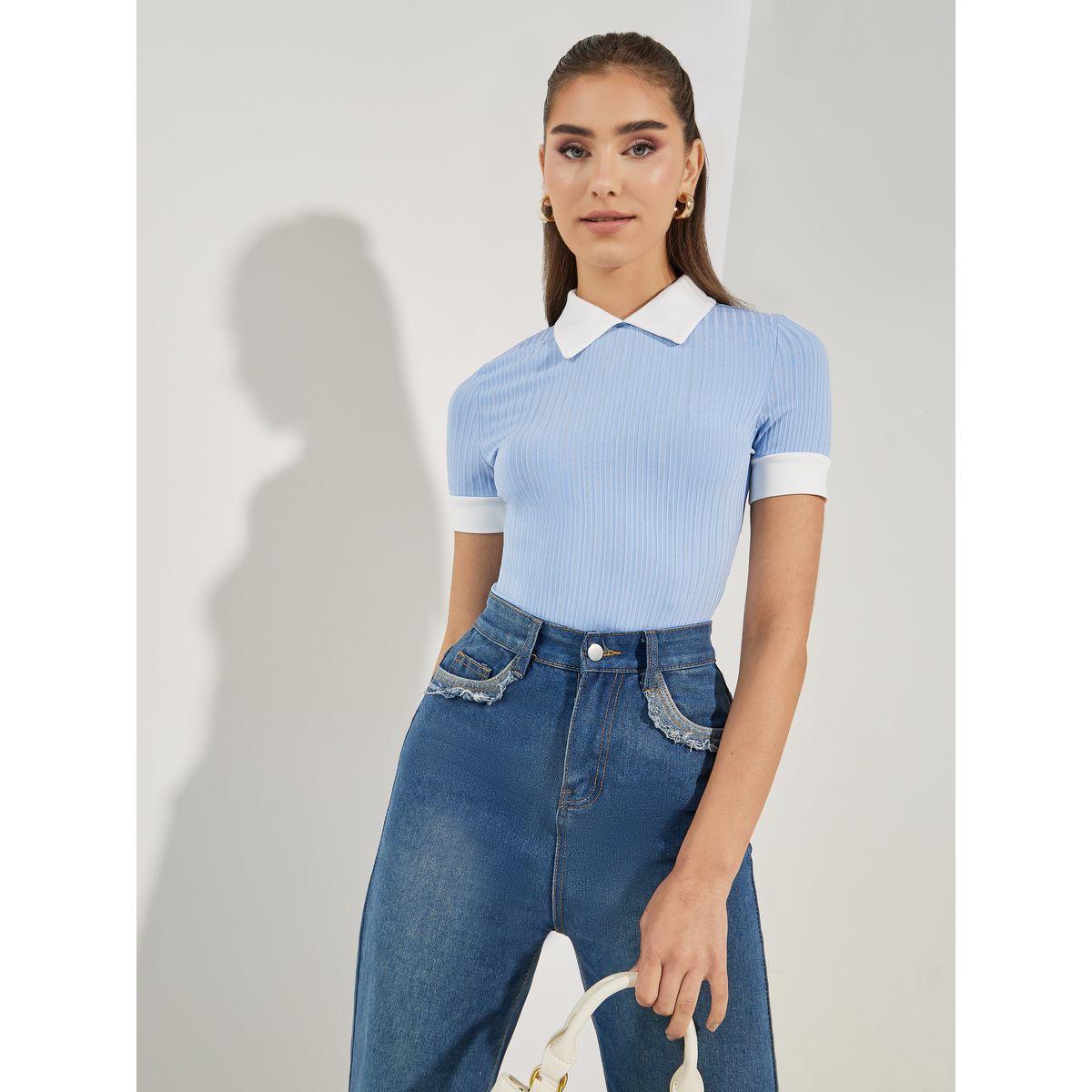 Styli Contrast Collar Ribbed Bodysuit-women-clothing-tshirts-image-3