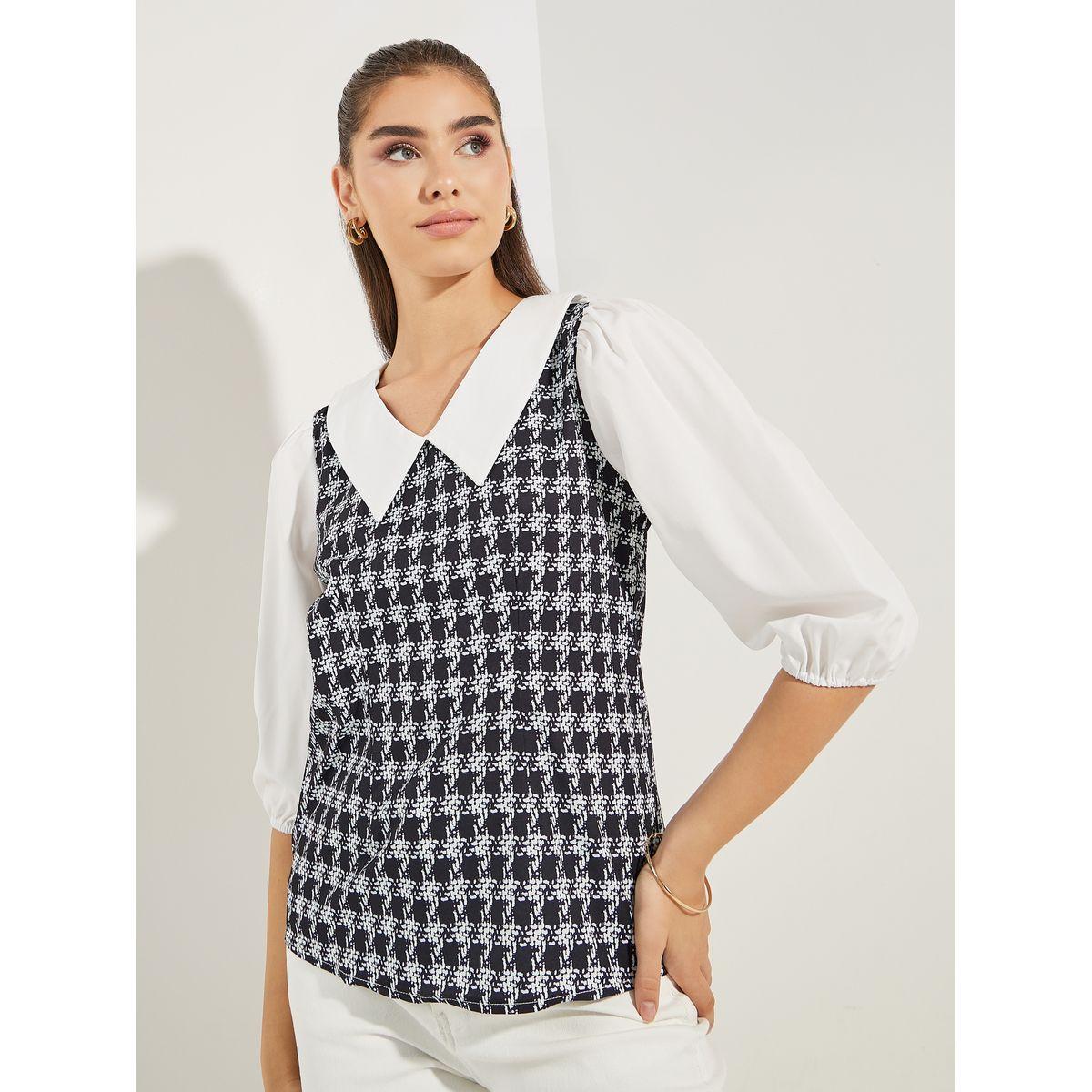 Styli Checked Pattern Knit Top with Peter Pan Collar-women-clothing-shirtsandblouses-blouses-image-1