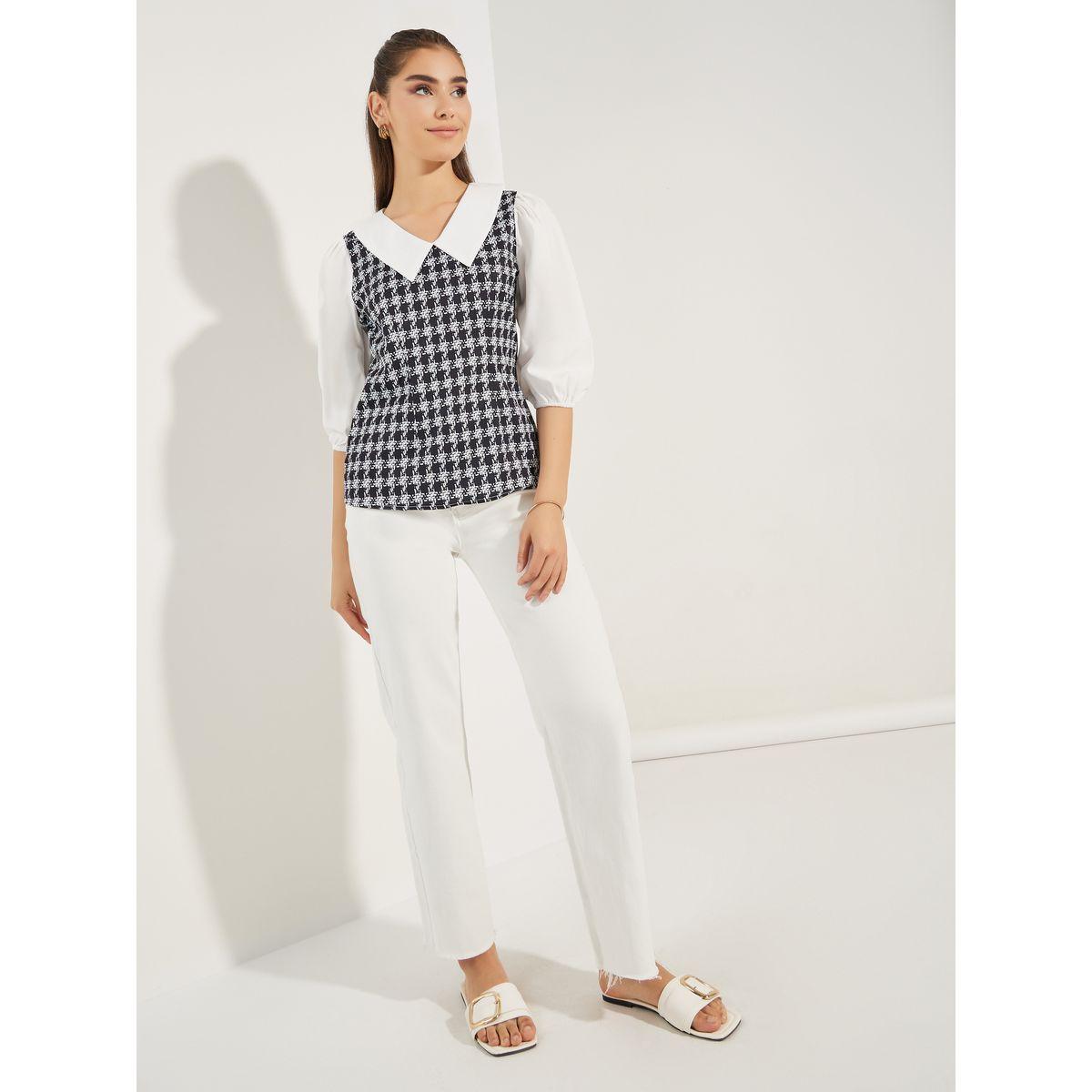 Styli Checked Pattern Knit Top with Peter Pan Collar-women-clothing-shirtsandblouses-blouses-image-2