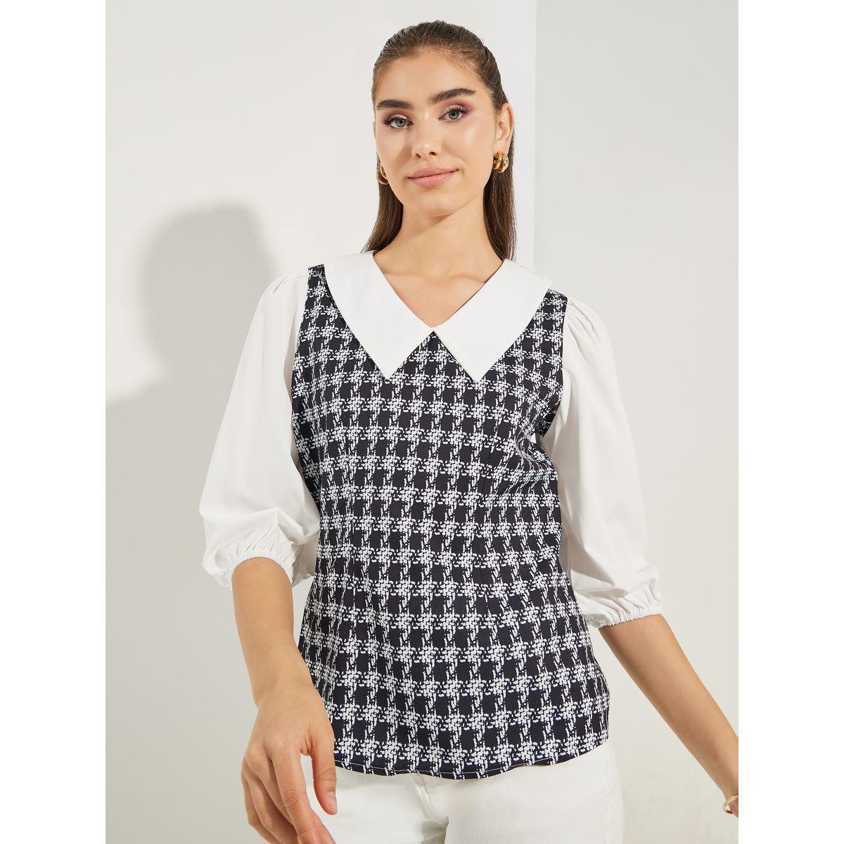 Styli Checked Pattern Knit Top with Peter Pan Collar-women-clothing-shirtsandblouses-blouses-image-3