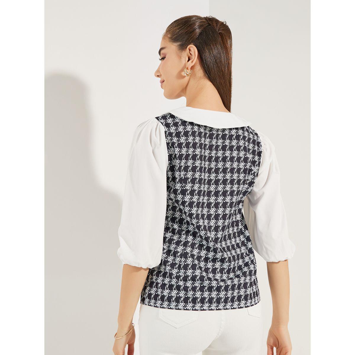 Styli Checked Pattern Knit Top with Peter Pan Collar-women-clothing-shirtsandblouses-blouses-image-5
