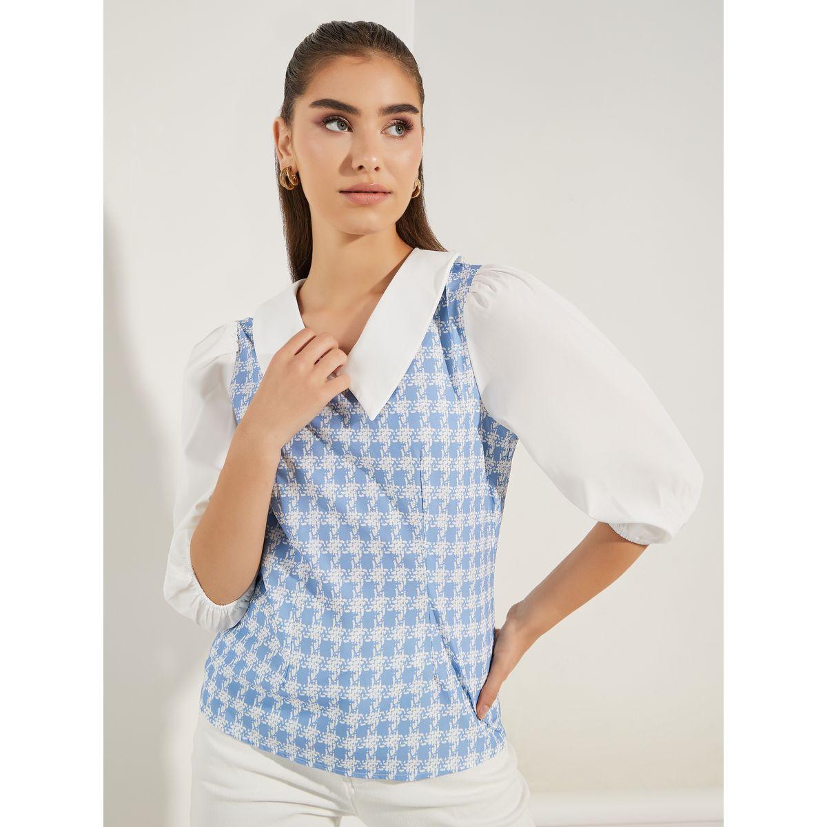 بلوزة مطبعة بمربعات مع ياقة بيتر بان-women-clothing-shirtsandblouses-blouses-image-4