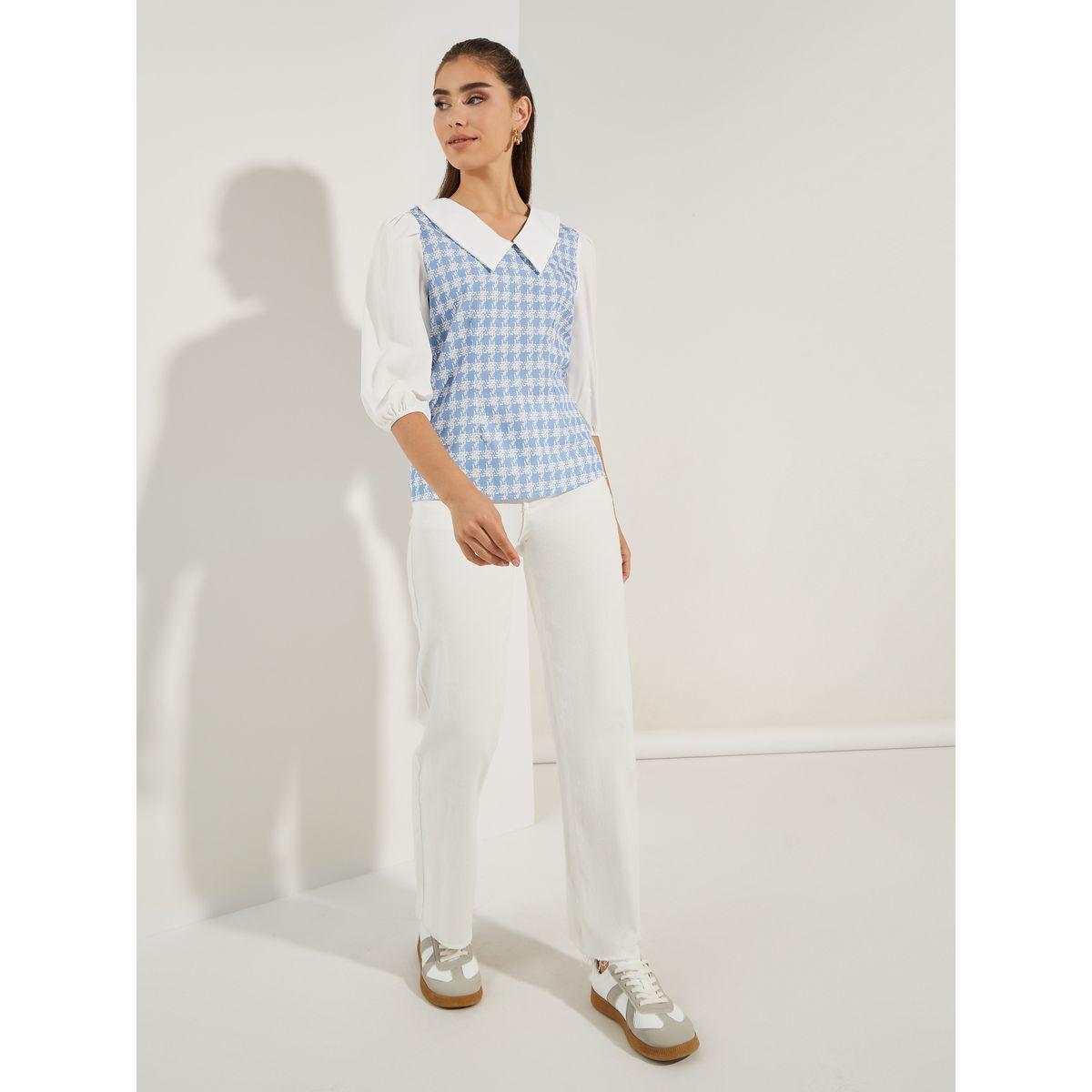 بلوزة مطبعة بمربعات مع ياقة بيتر بان-women-clothing-shirtsandblouses-blouses-image-3