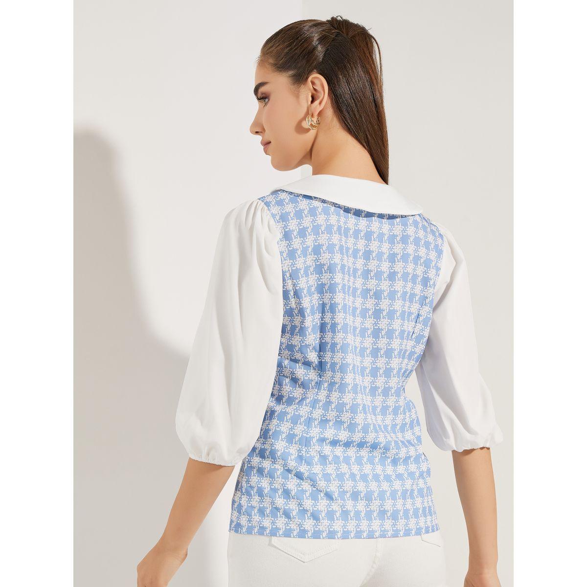 Styli Checked Pattern Knit Top with Peter Pan Collar-women-clothing-shirtsandblouses-blouses-image-4