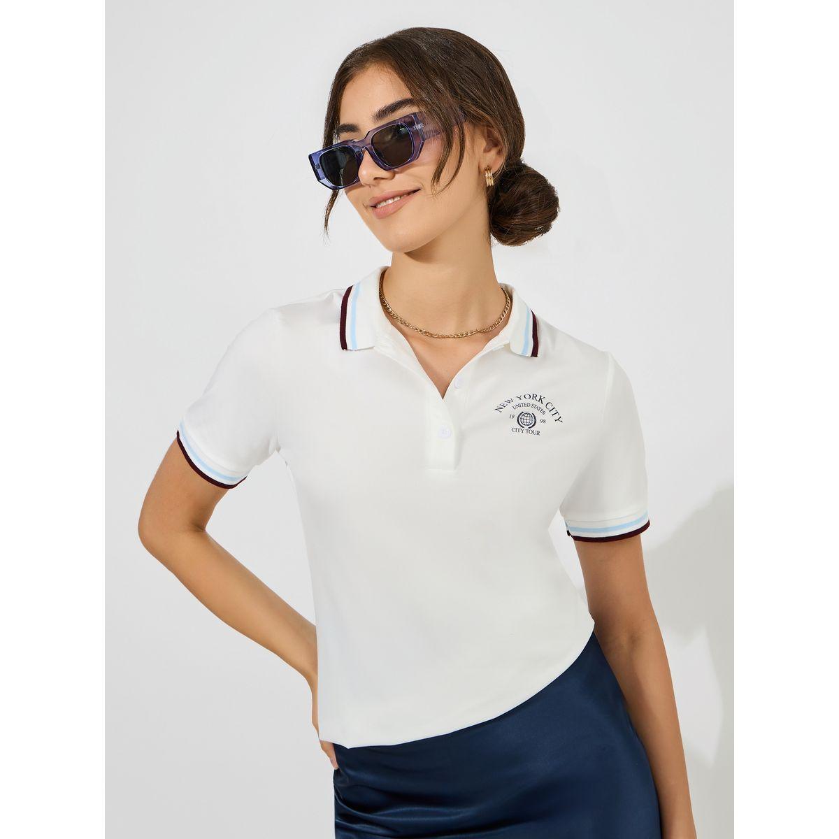 تيشيرت بياقة بولو وقصة عادية مع اكمام قصيرة-women-clothing-tshirts-image-1